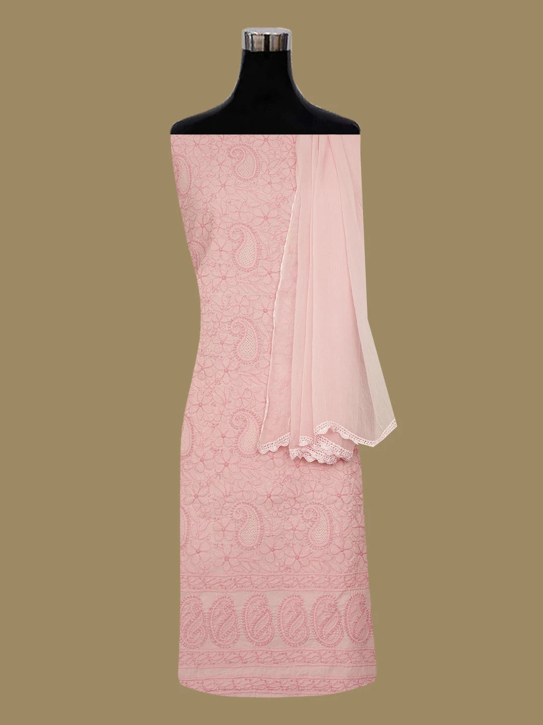 Ada Hand Embroidered Cherry Blossom Pink Cotton Lucknowi Chikankari Unstitched Suit Piece 01A654596