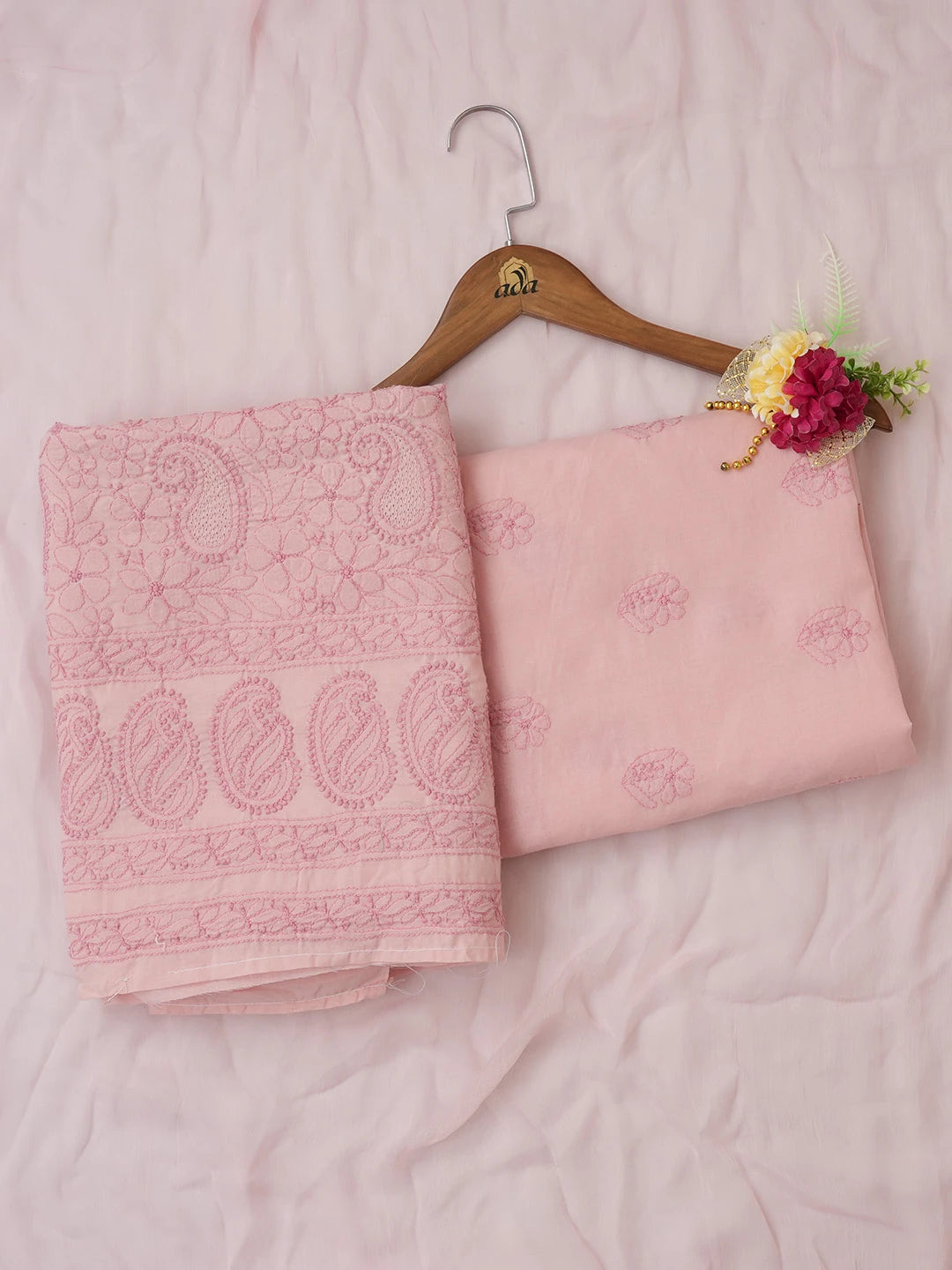 Ada Hand Embroidered Cherry Blossom Pink Cotton Lucknowi Chikankari Unstitched Suit Piece 01A654596