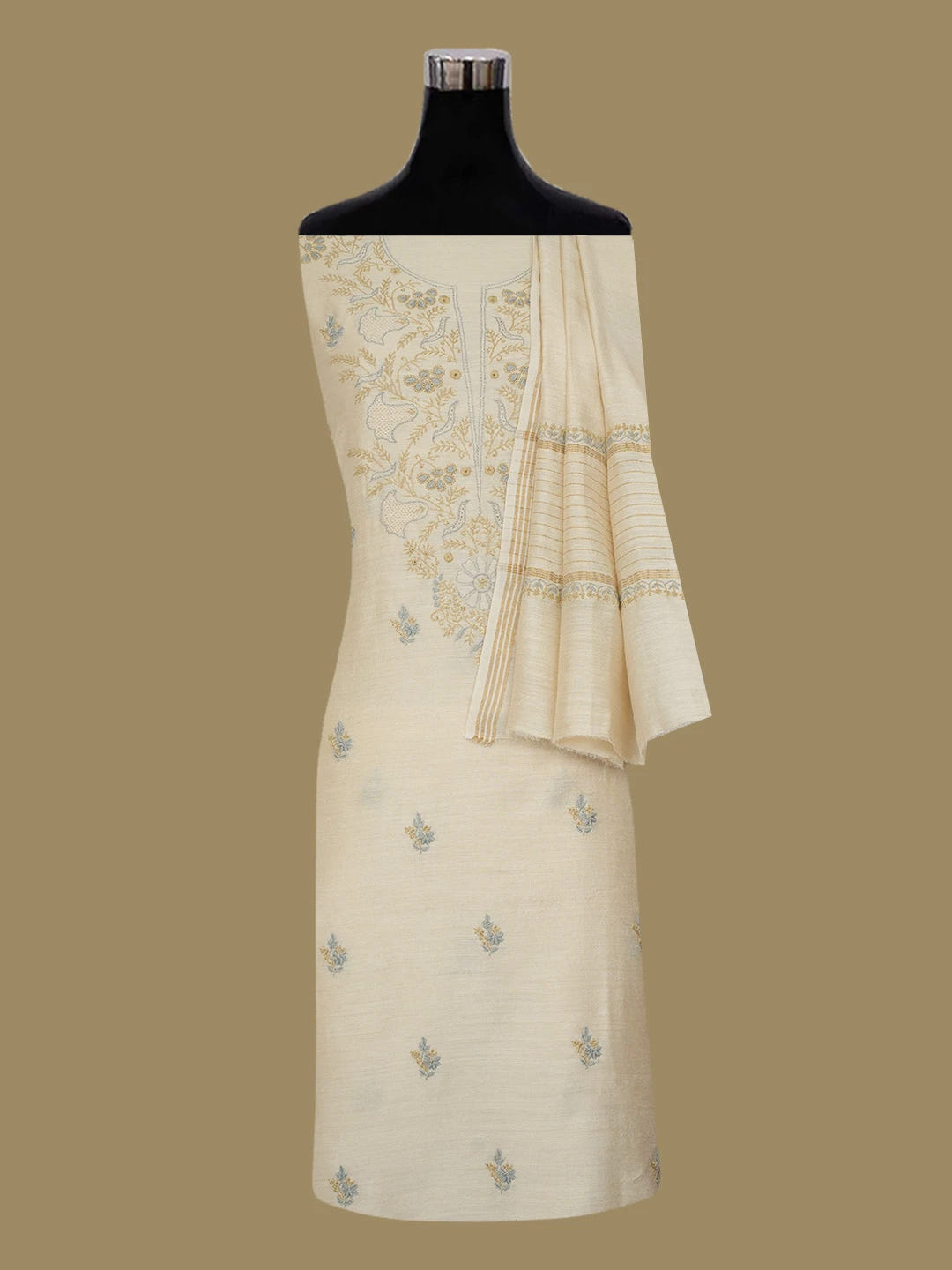 Ada Hand Embroidered Fawn Moonga Silk Lucknowi Chikankari Unstitched Kurta Dupatta Set 01A634612