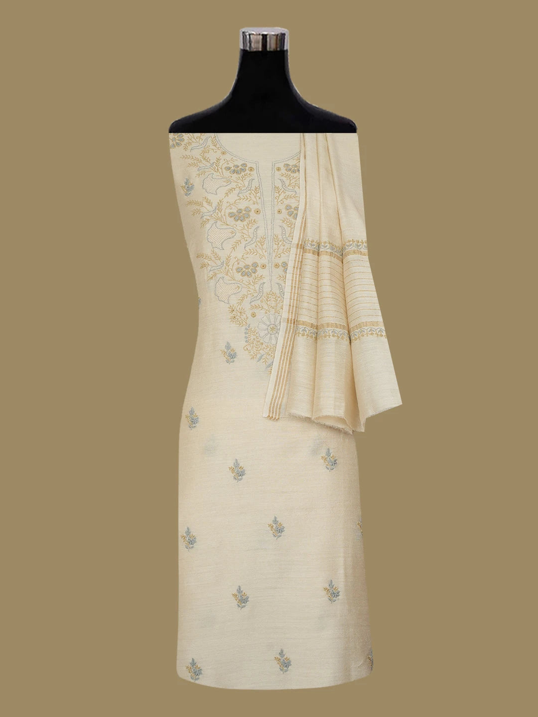 Ada Hand Embroidered Fawn Moonga Silk Lucknowi Chikankari Unstitched Kurta Dupatta Set 01A634612