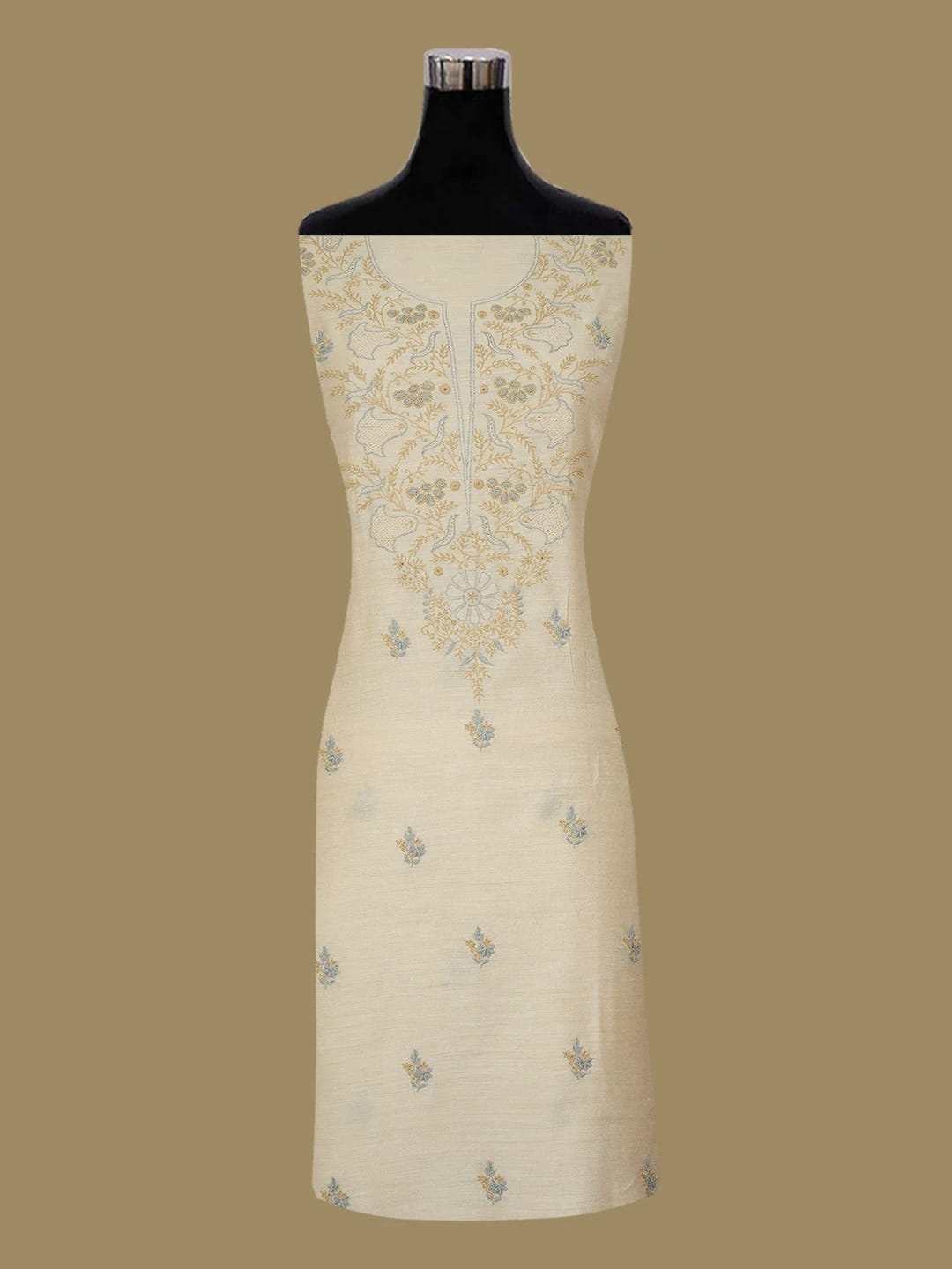 Ada Hand Embroidered Fawn Moonga Silk Lucknowi Chikankari Unstitched Kurta Dupatta Set 01A634612