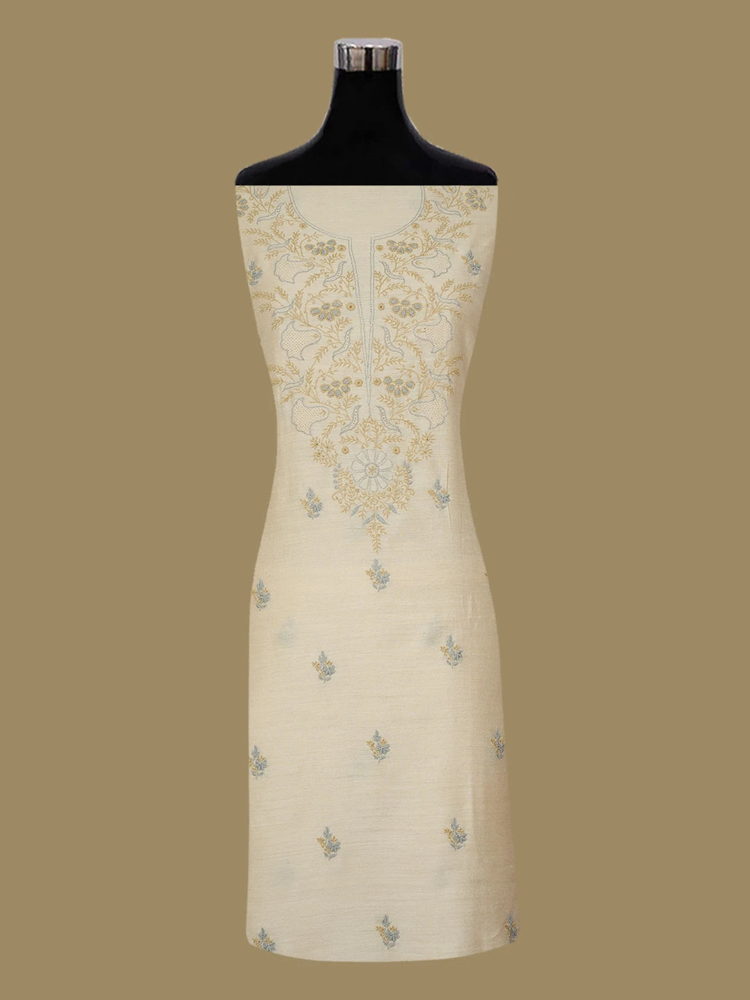 Ada Hand Embroidered Fawn Moonga Silk Lucknowi Chikankari Unstitched Kurta Dupatta Set 01A634612