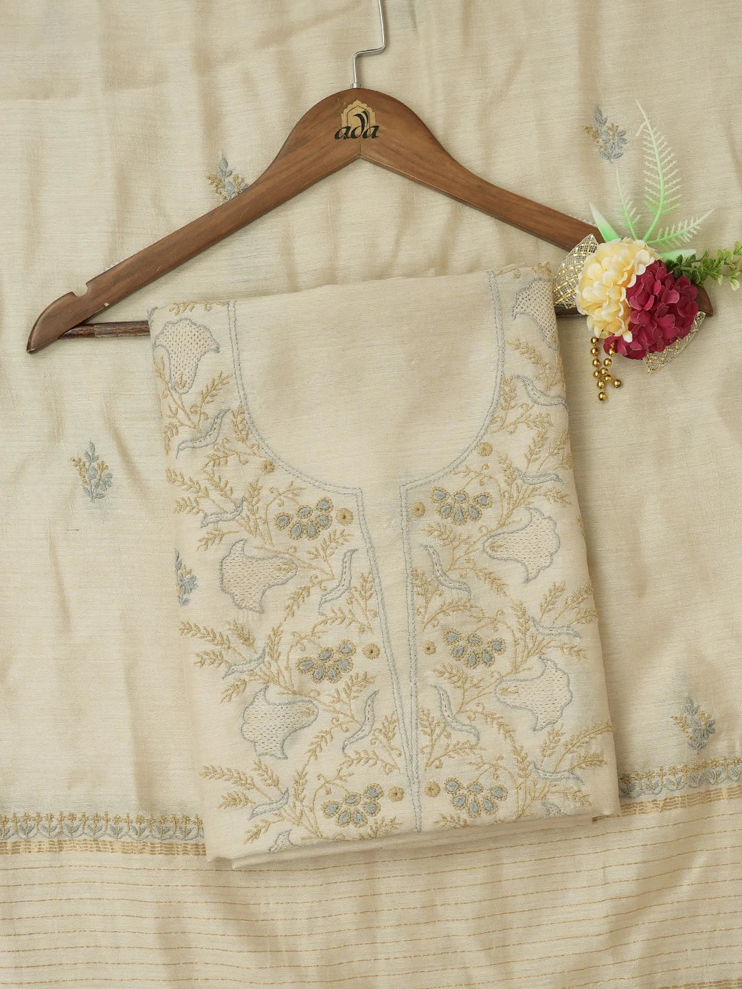 Ada Hand Embroidered Fawn Moonga Silk Lucknowi Chikankari Unstitched Kurta Dupatta Set 01A634612