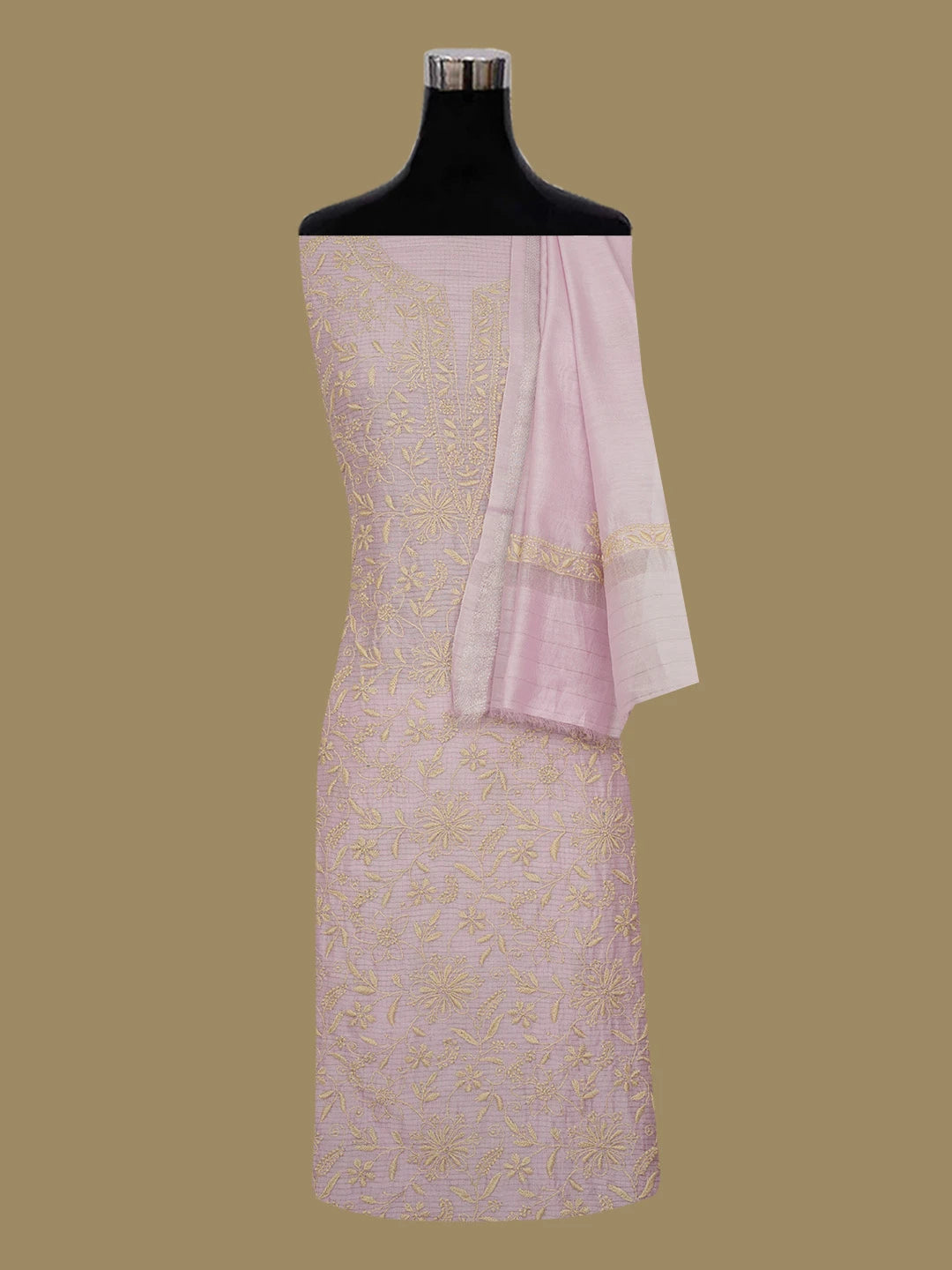 Ada Hand Embroidered Mauve Chanderi Lucknowi Chikankari Unstitched Kurta Dupatta Set 01A680054
