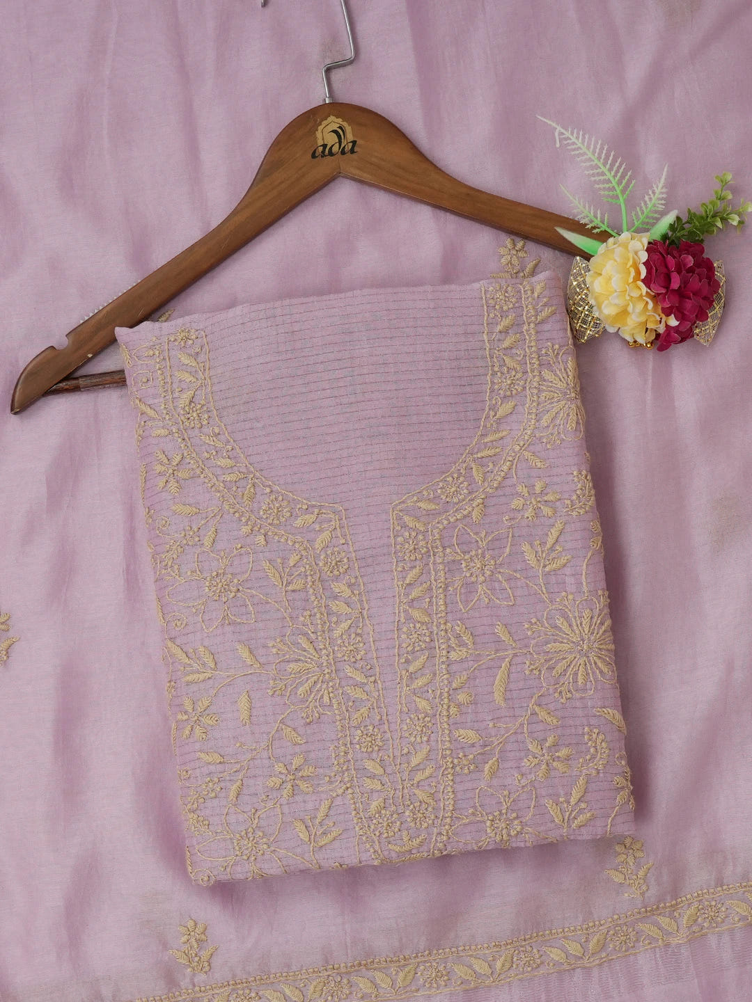 Ada Hand Embroidered Mauve Chanderi Lucknowi Chikankari Unstitched Kurta Dupatta Set 01A680054
