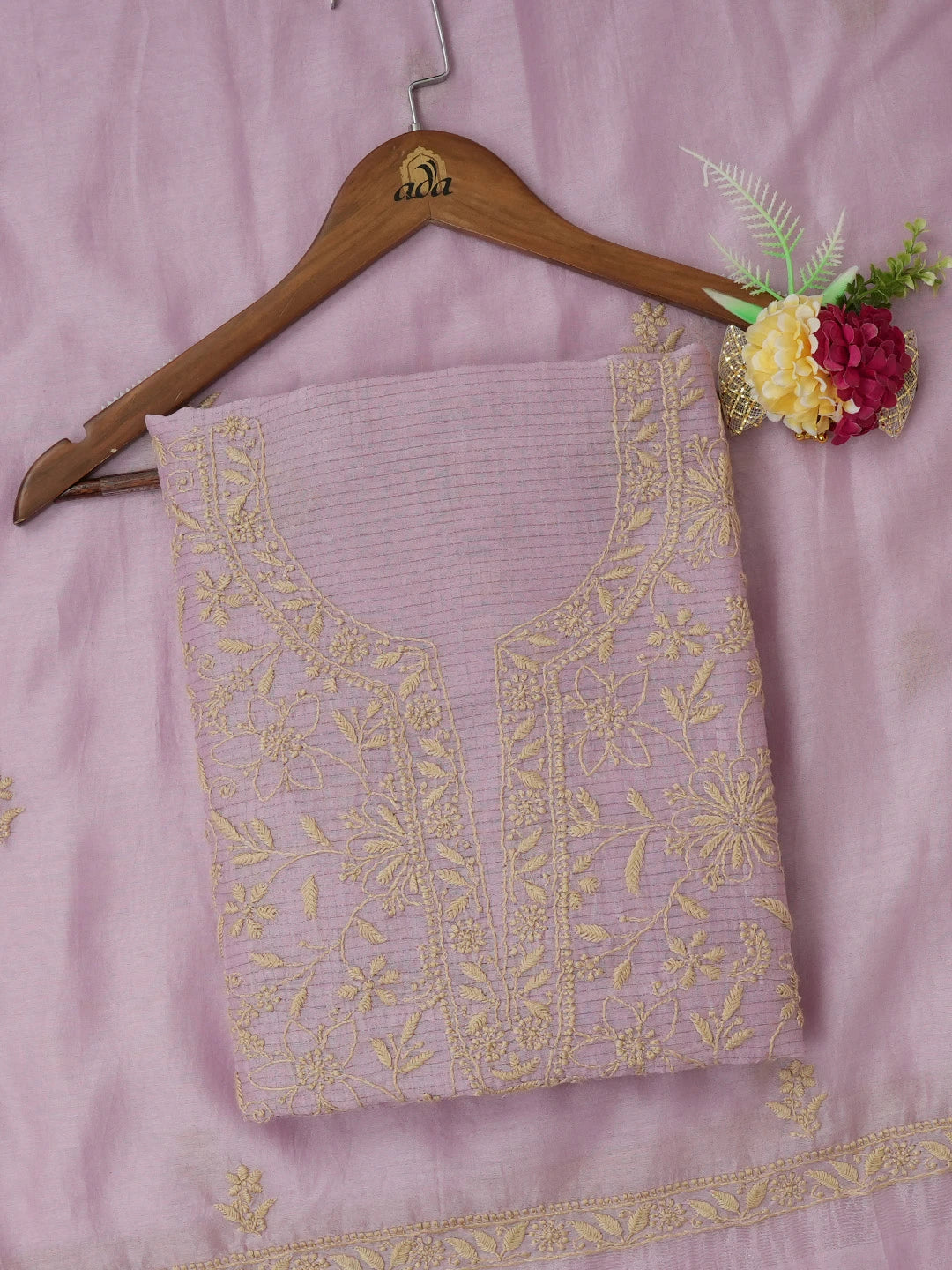 Ada Hand Embroidered Mauve Chanderi Lucknowi Chikankari Unstitched Kurta Dupatta Set 01A680054
