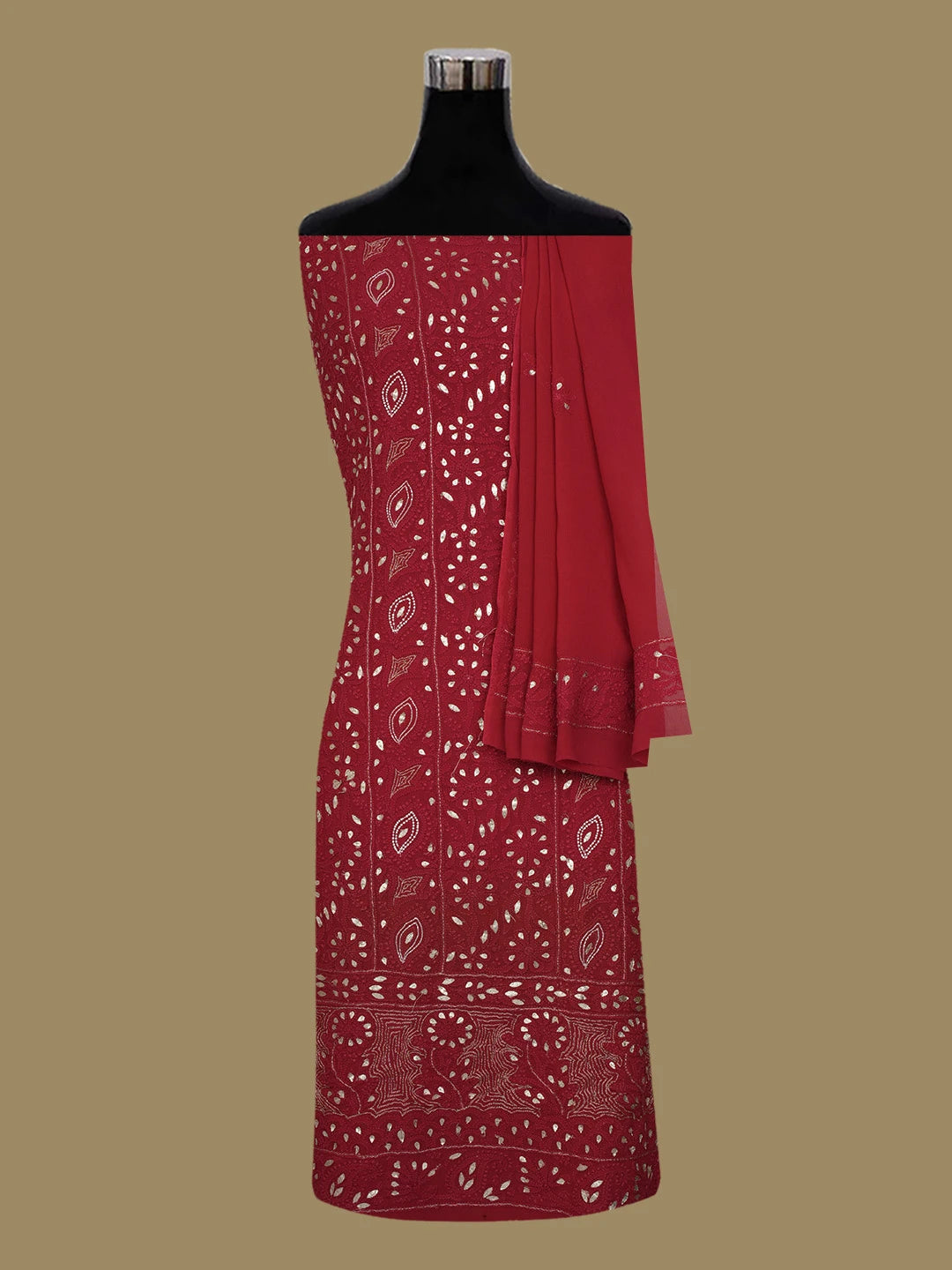 Ada Hand Embroidered Red Viscose Georgette Lucknowi Chikankari Unstitched Kurta Dupatta Set with Gota Patti Work 01A639590