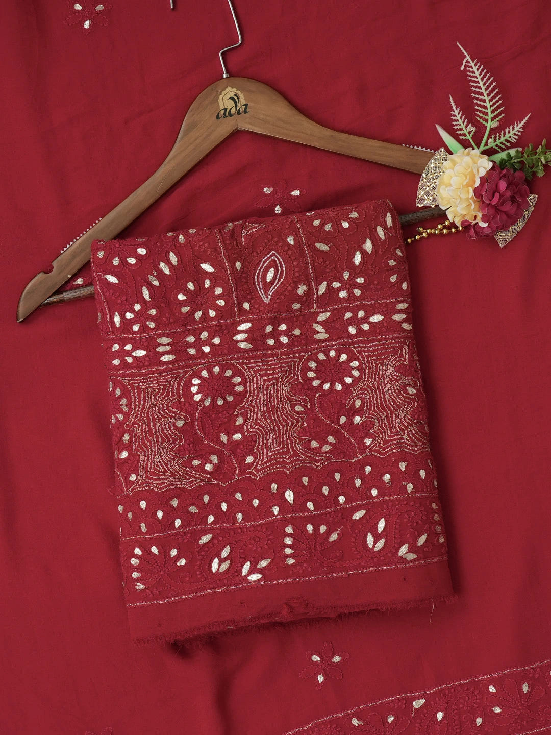 Ada Hand Embroidered Red Viscose Georgette Lucknowi Chikankari Unstitched Kurta Dupatta Set with Gota Patti Work 01A639590