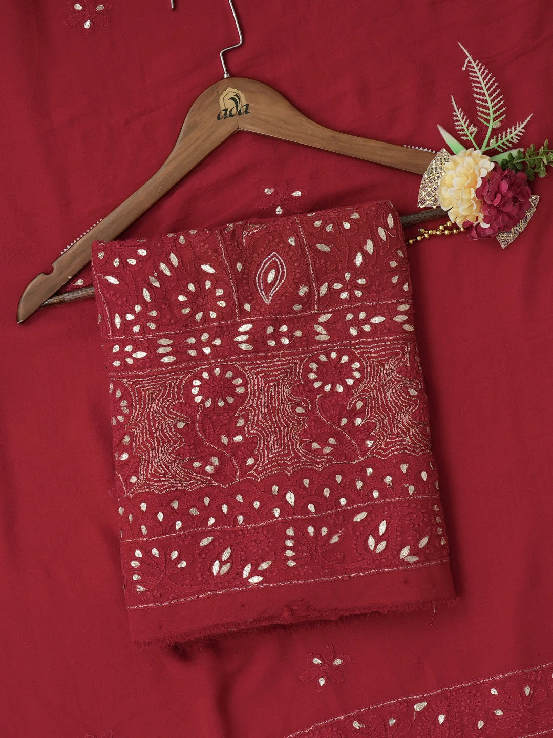 Ada Hand Embroidered Red Viscose Georgette Lucknowi Chikankari Unstitched Kurta Dupatta Set with Gota Patti Work 01A639590