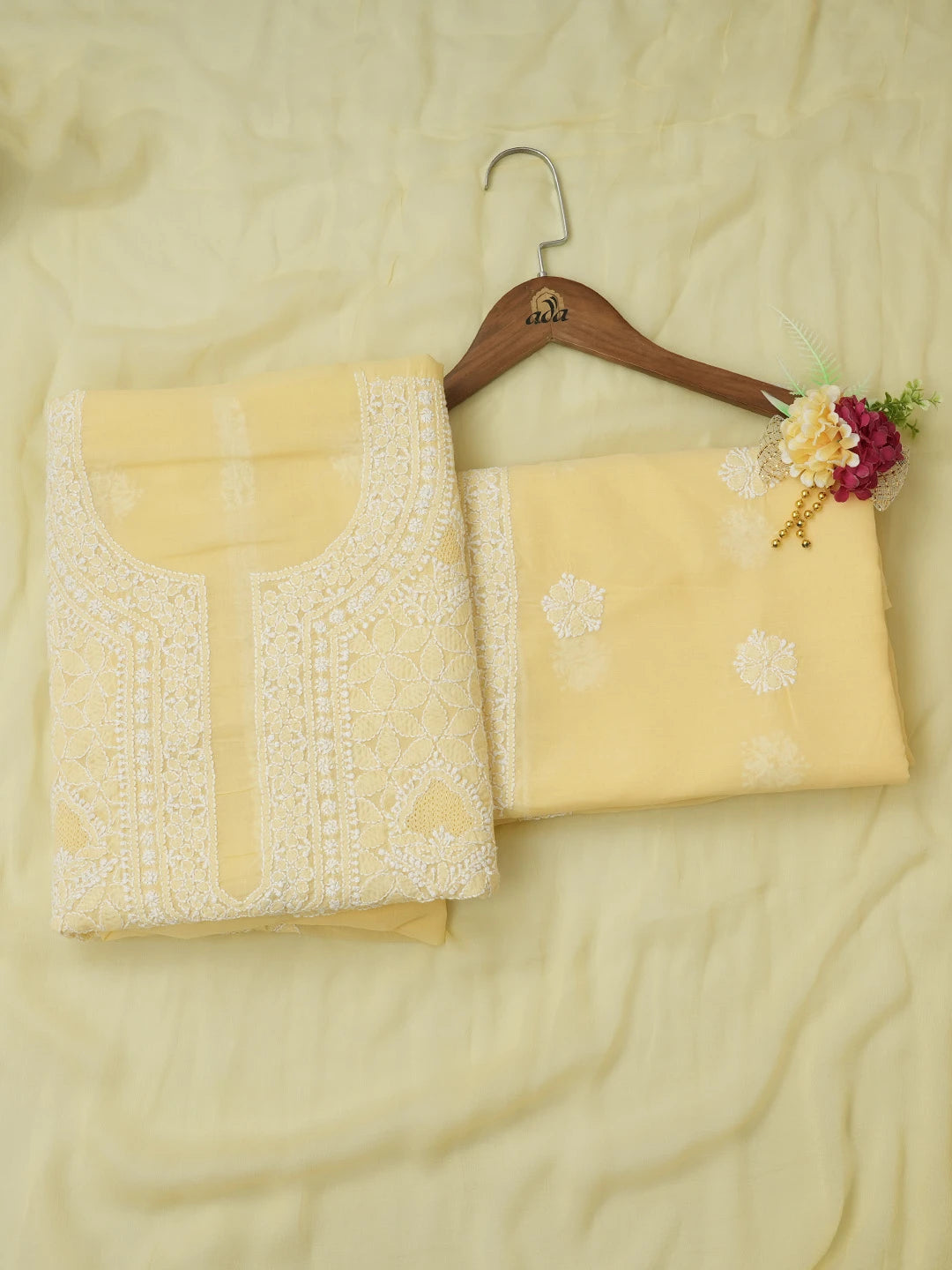 Ada Hand Embroidered Yellow Cotton Lucknowi Chikankari Unstitched Suit Piece 01A677926