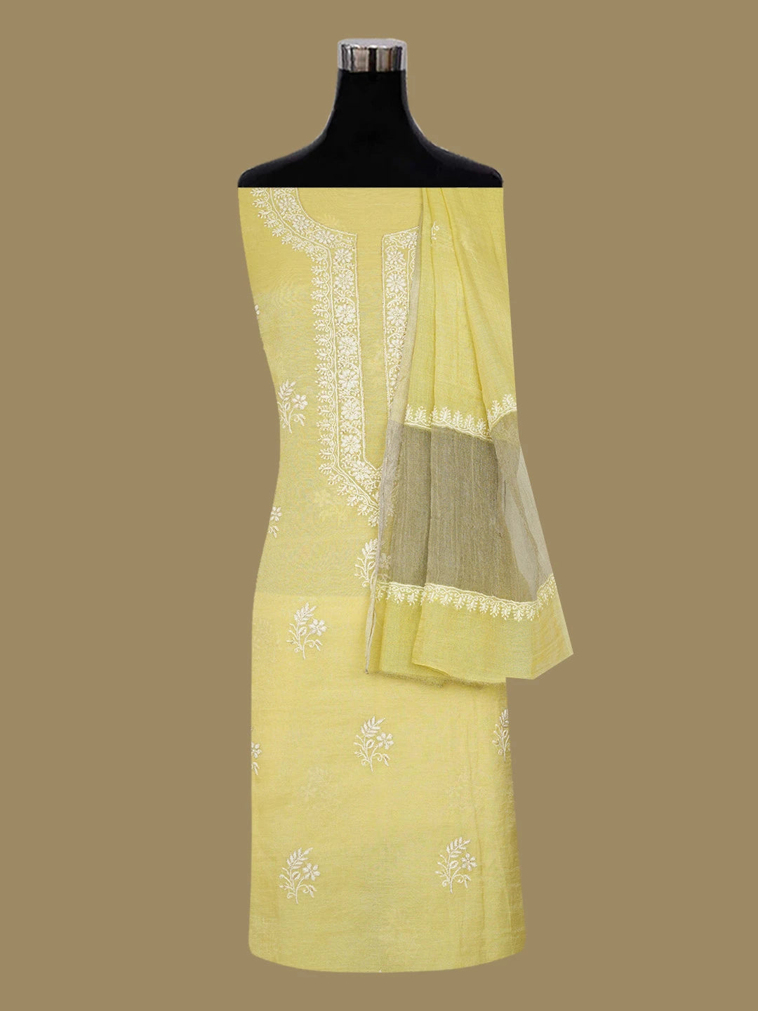 Ada Hand Embroidered Light Lime Green Tissue Lucknowi Chikankari Unstitched Kurta Dupatta Set with Cutdana Work 01A614846