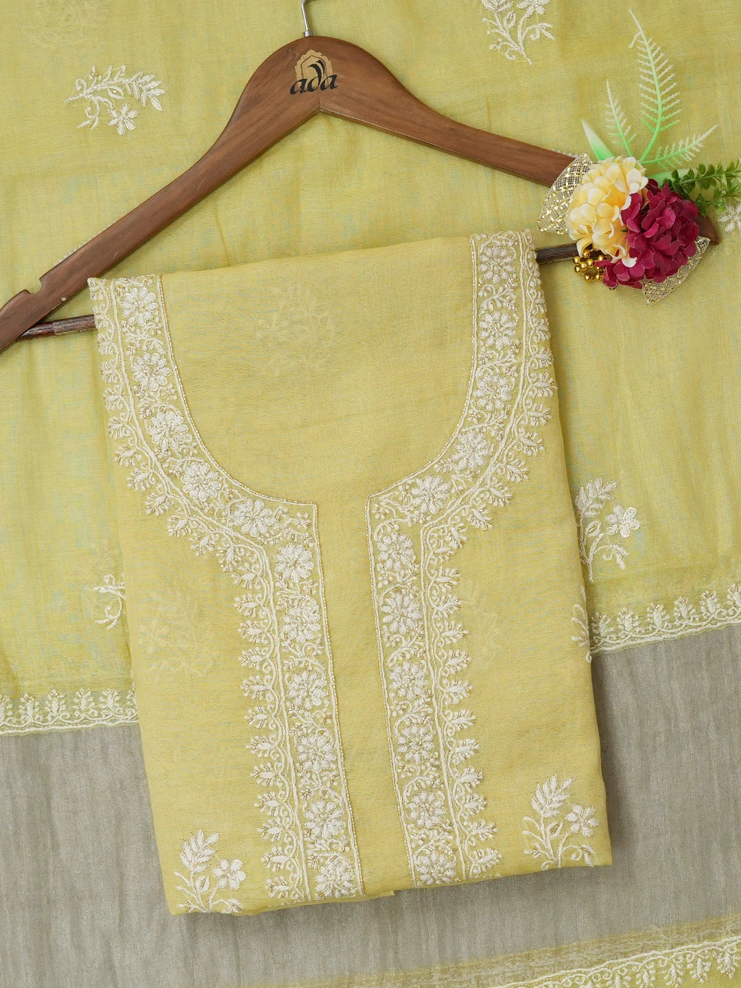 Ada Hand Embroidered Light Lime Green Tissue Lucknowi Chikankari Unstitched Kurta Dupatta Set with Cutdana Work 01A614846