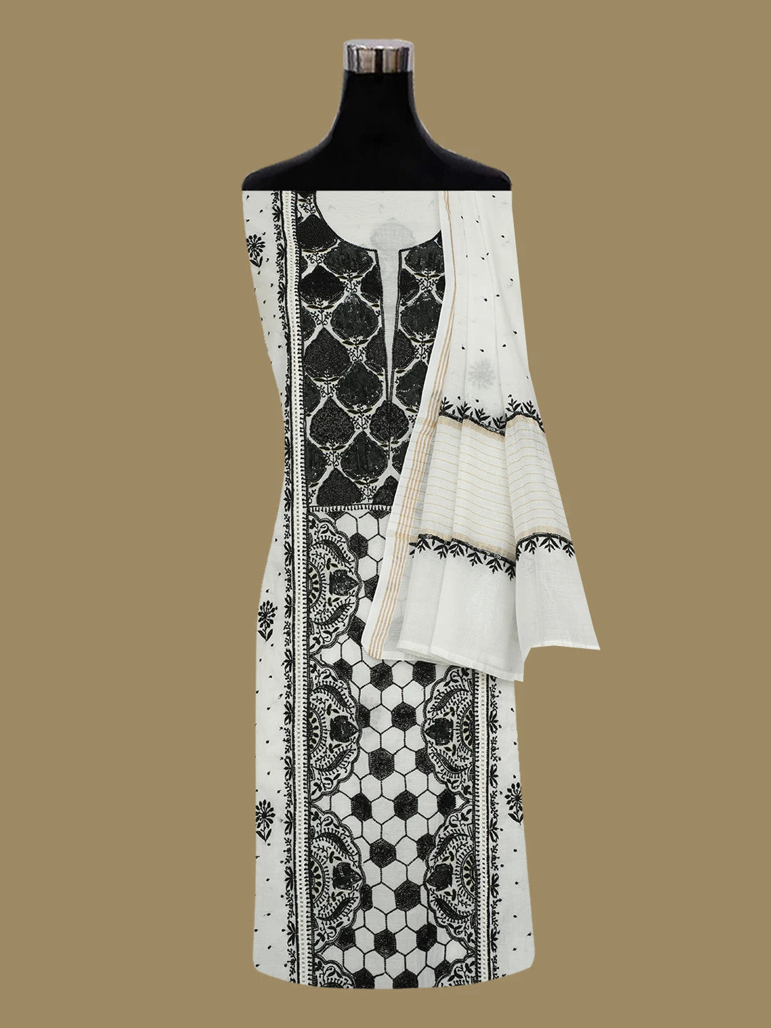 Ada Hand Embroidered White Chanderi Lucknowi Chikankari Semi-Stitched Kurta Dupatta Set with Cutdana Work 01A669638