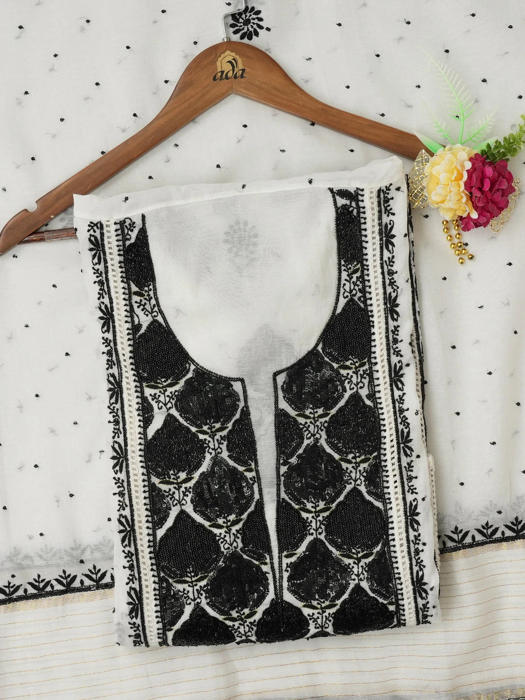 Ada Hand Embroidered White Chanderi Lucknowi Chikankari Semi-Stitched Kurta Dupatta Set with Cutdana Work 01A669638
