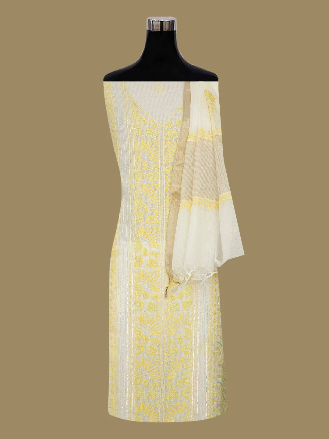 Ada Hand Embroidered White Chanderi Lucknowi Chikankari Unstitched Kurta Dupatta Set With Cutdana Work 01A557027
