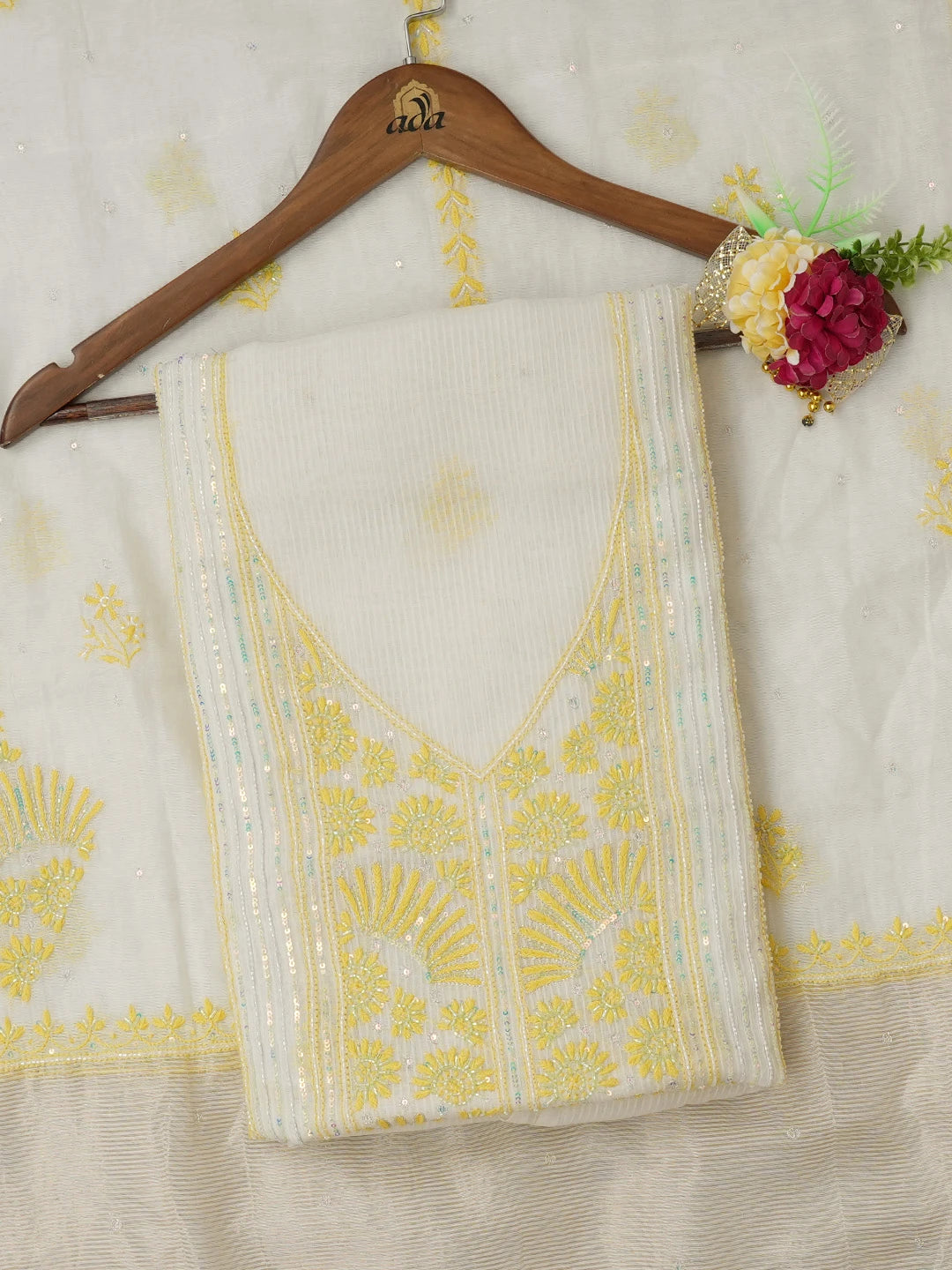 Ada Hand Embroidered White Chanderi Lucknowi Chikankari Unstitched Kurta Dupatta Set With Cutdana Work 01A557027