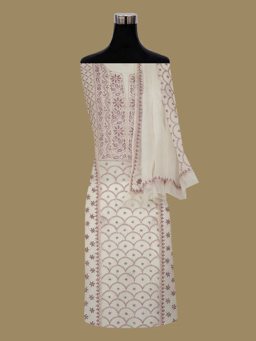 Ada Hand Embroidered Off White Organza Lucknowi Chikankari Unstitched Kurta Dupatta Set 01A641129