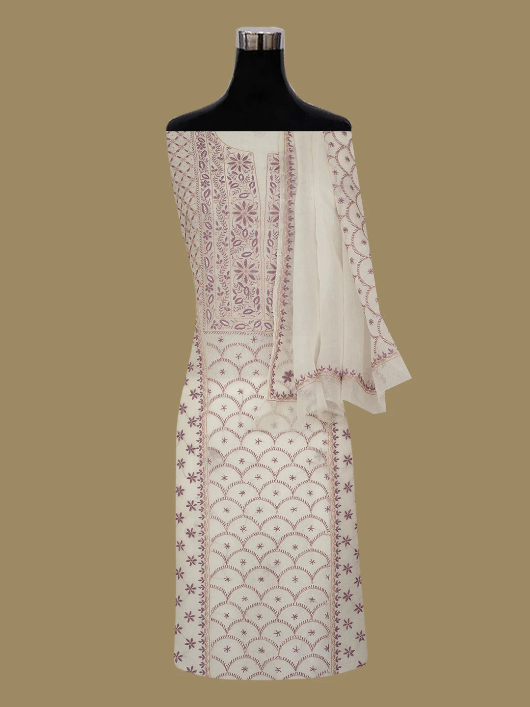 Ada Hand Embroidered Off White Organza Lucknowi Chikankari Unstitched Kurta Dupatta Set 01A641129