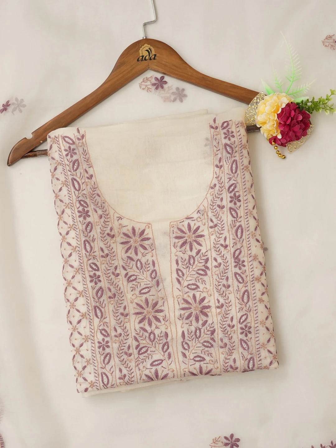 Ada Hand Embroidered Off White Organza Lucknowi Chikankari Unstitched Kurta Dupatta Set 01A641129