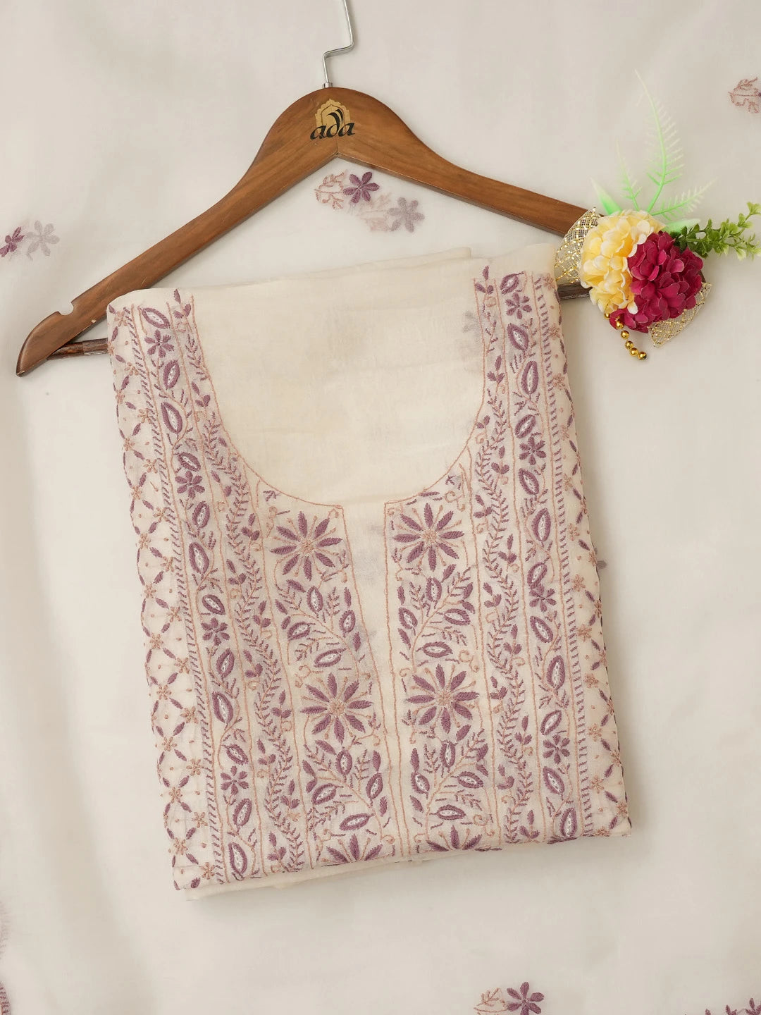 Ada Hand Embroidered Off White Organza Lucknowi Chikankari Unstitched Kurta Dupatta Set 01A641129