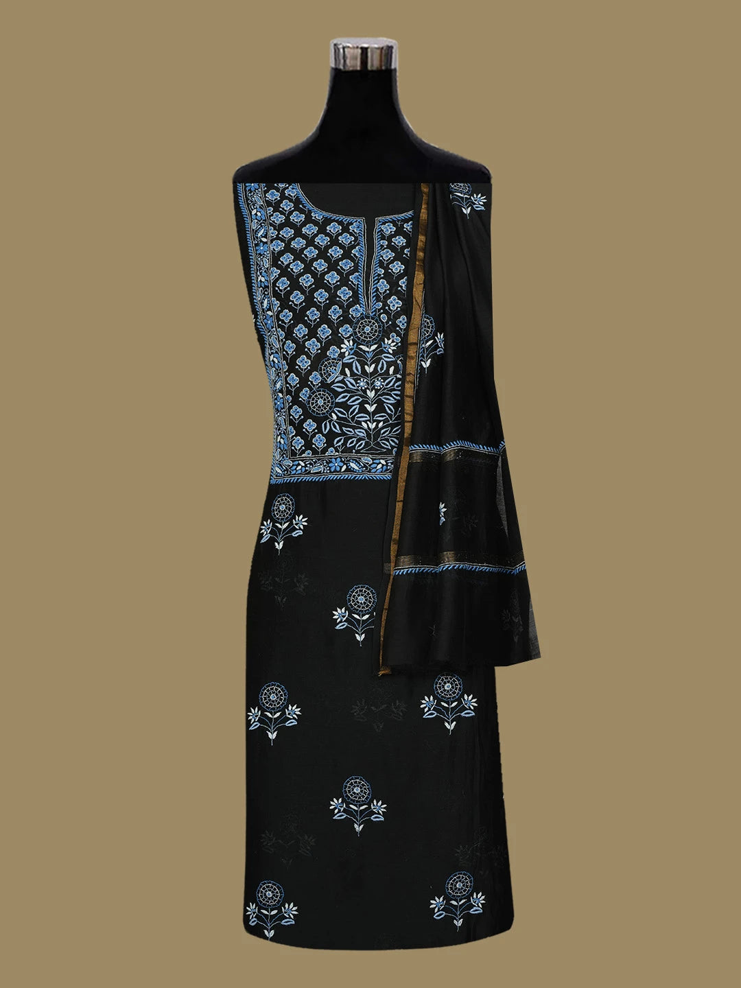 Ada Hand Embroidered Black Chanderi Lucknowi Chikankari Untitched Kurta Dupatta Set 01A285205