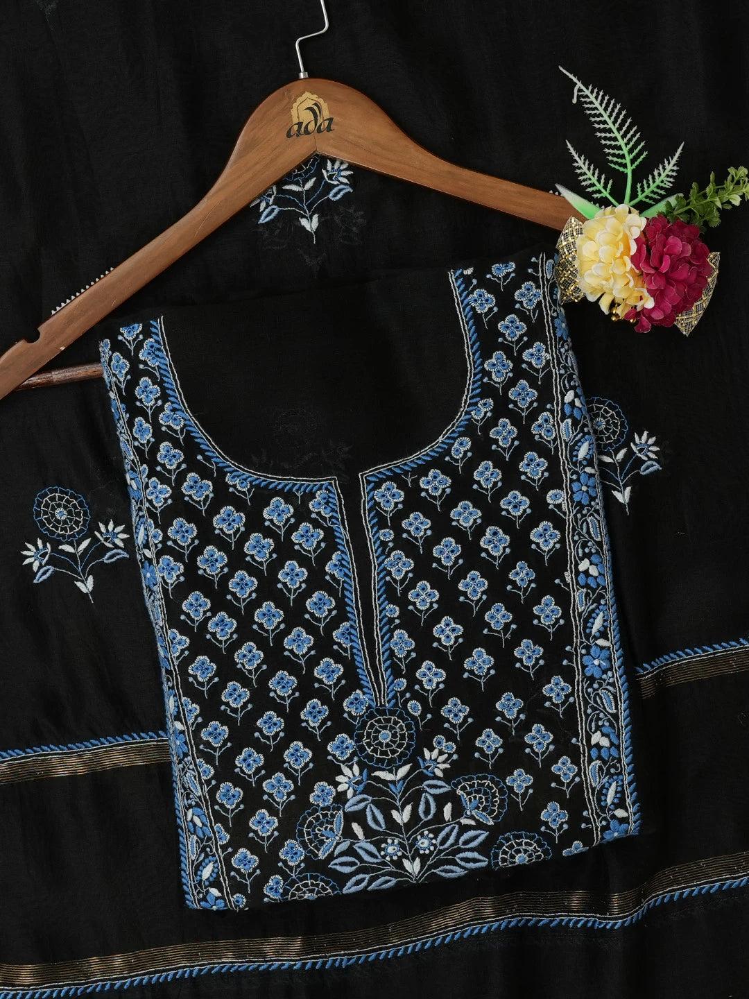Ada Hand Embroidered Black Chanderi Lucknowi Chikankari Untitched Kurta Dupatta Set 01A285205