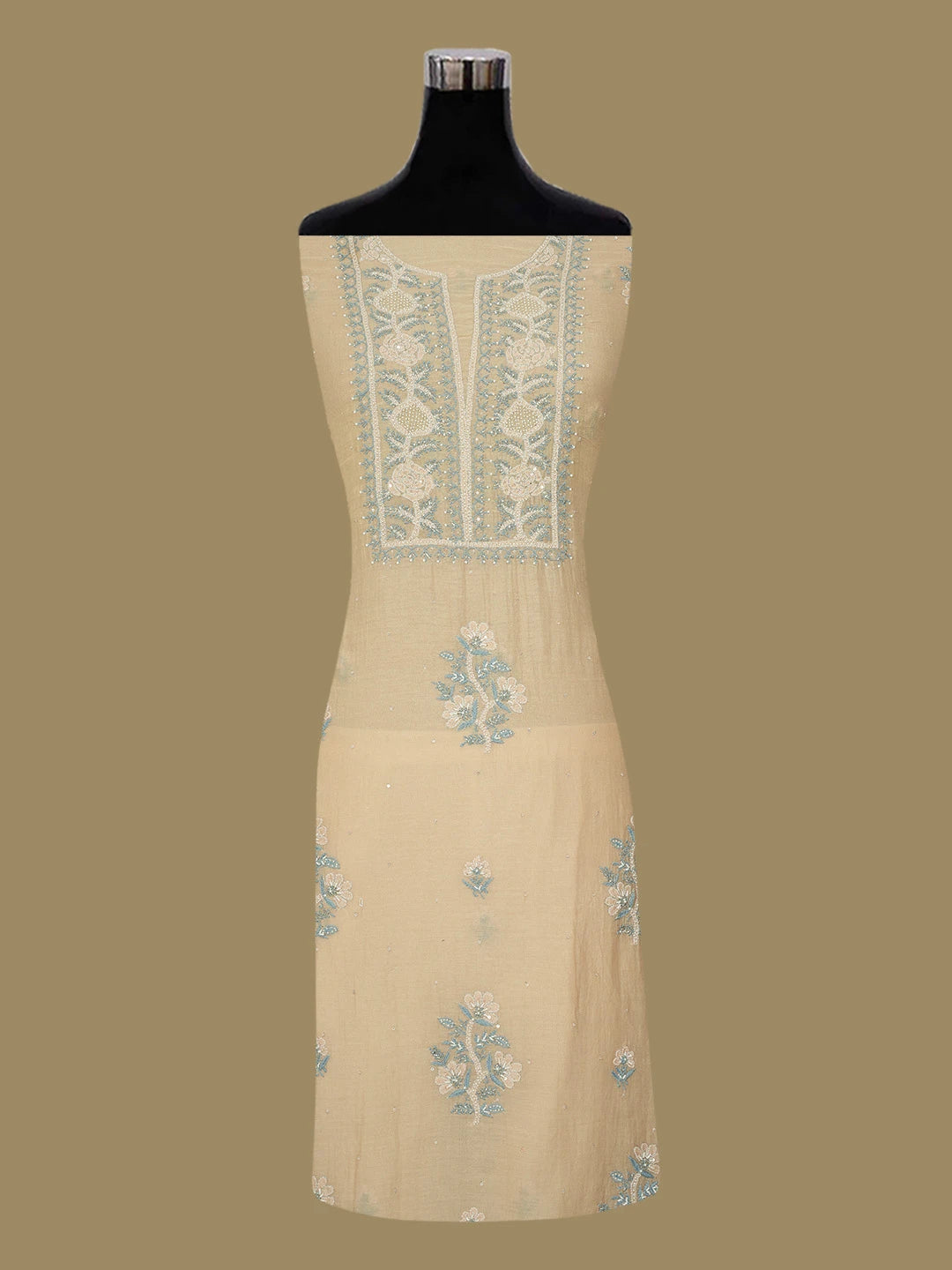 Ada Hand Embroidered Fawn Chanderi Lucknowi Chikankari Unstitched Kurta Dupatta Set With Pearl Work 01A639195