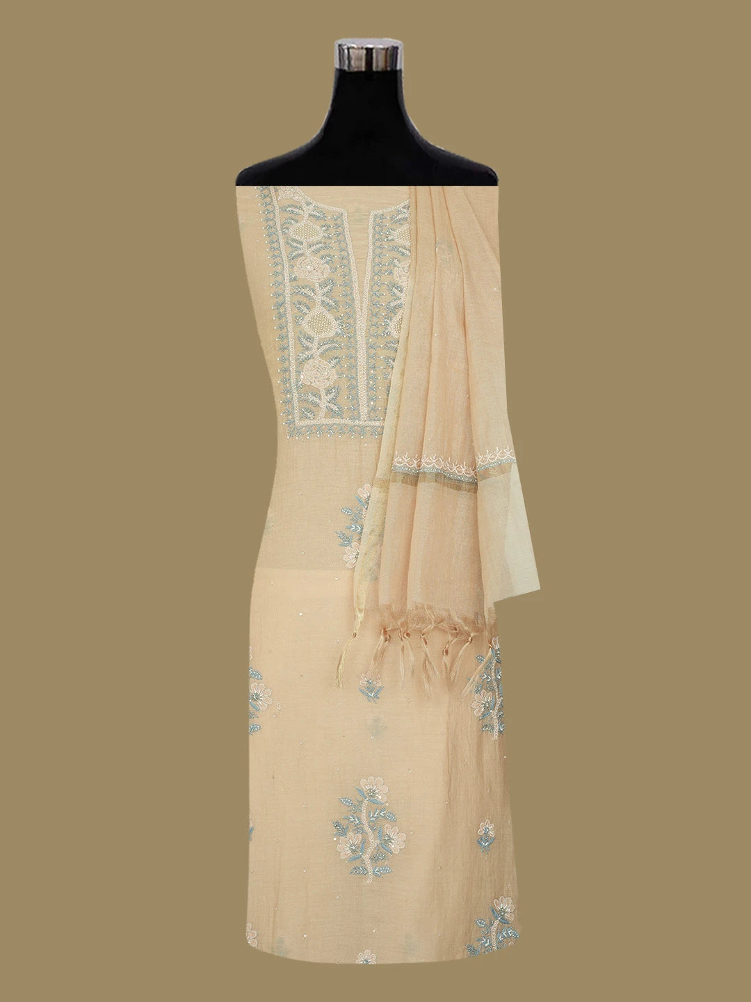 Ada Hand Embroidered Fawn Chanderi Lucknowi Chikankari Unstitched Kurta Dupatta Set With Pearl Work 01A639195