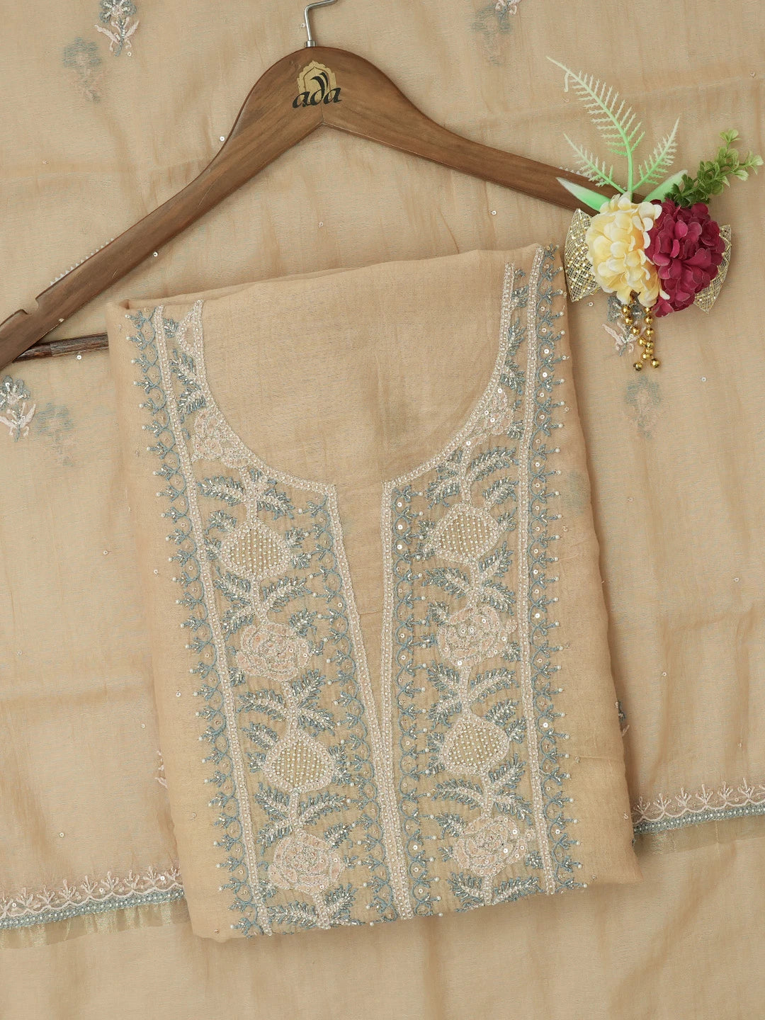 Ada Hand Embroidered Fawn Chanderi Lucknowi Chikankari Unstitched Kurta Dupatta Set With Pearl Work 01A639195