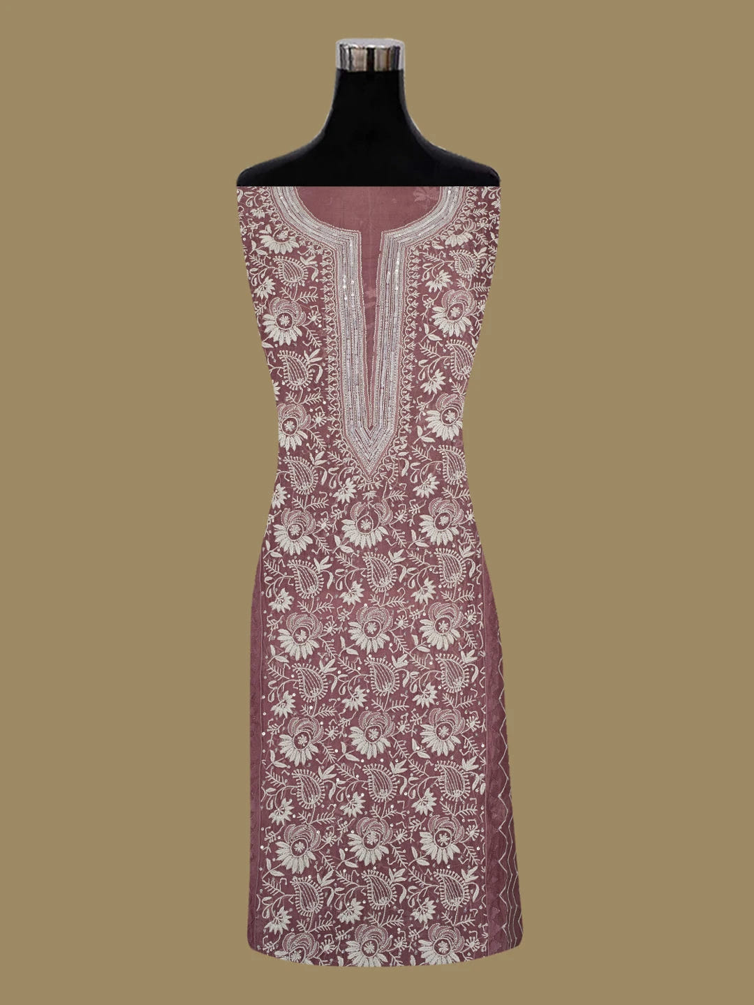 Ada Hand Embroidered Wine Organza Lucknowi Chikankari Unstitched Kurta Dupatta Set With Sequinned Work 01A659358