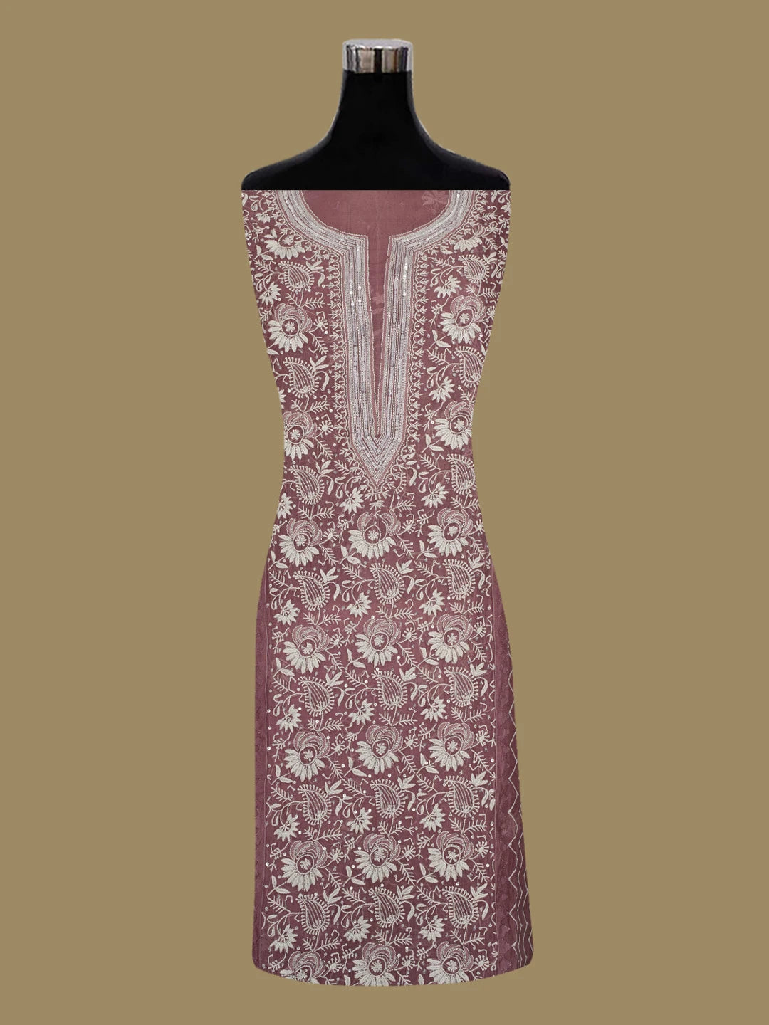 Ada Hand Embroidered Wine Organza Lucknowi Chikankari Unstitched Kurta Dupatta Set With Sequinned Work 01A659358
