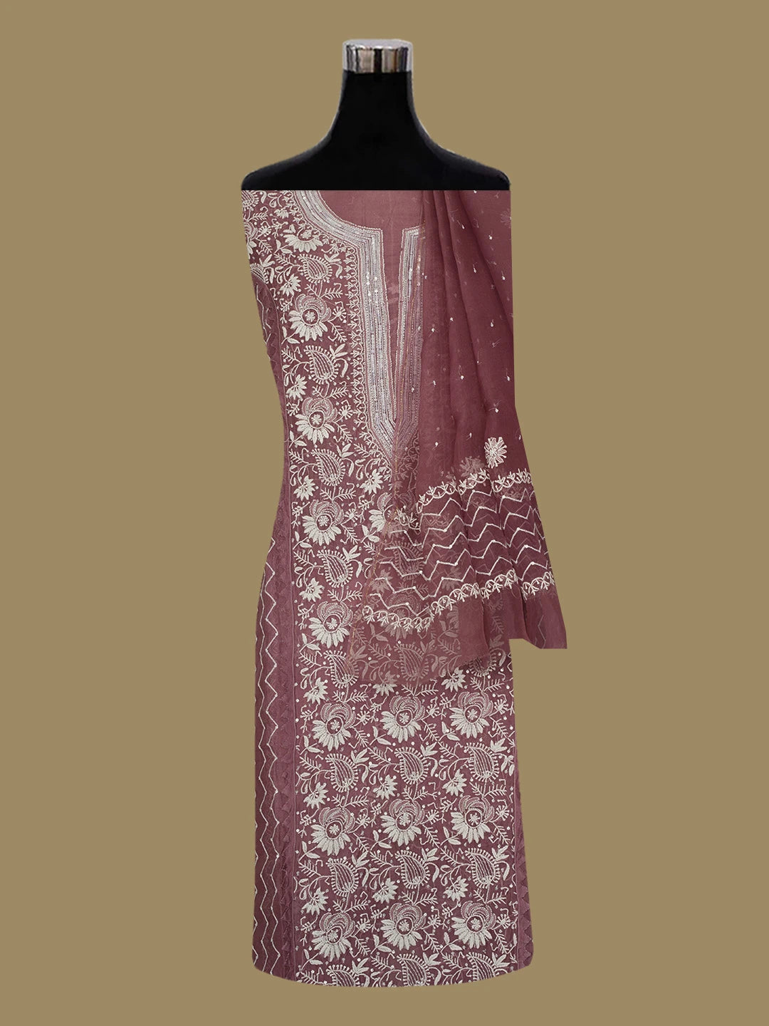 Ada Hand Embroidered Wine Organza Lucknowi Chikankari Unstitched Kurta Dupatta Set With Sequinned Work 01A659358