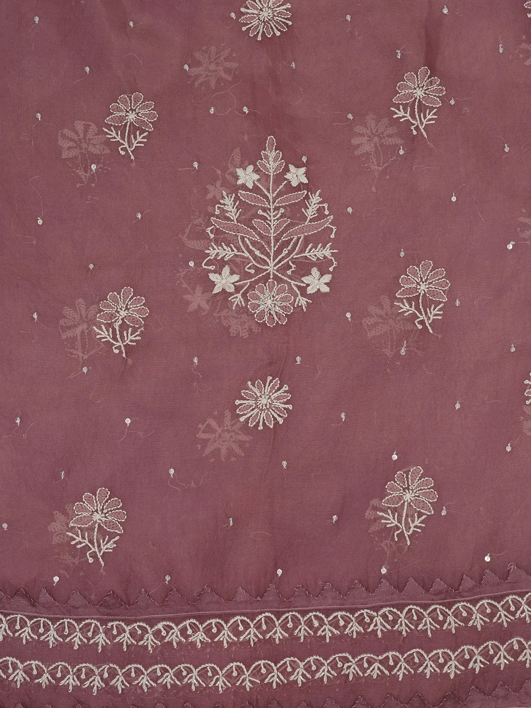 Ada Hand Embroidered Wine Organza Lucknowi Chikankari Unstitched Kurta Dupatta Set With Sequinned Work 01A659358
