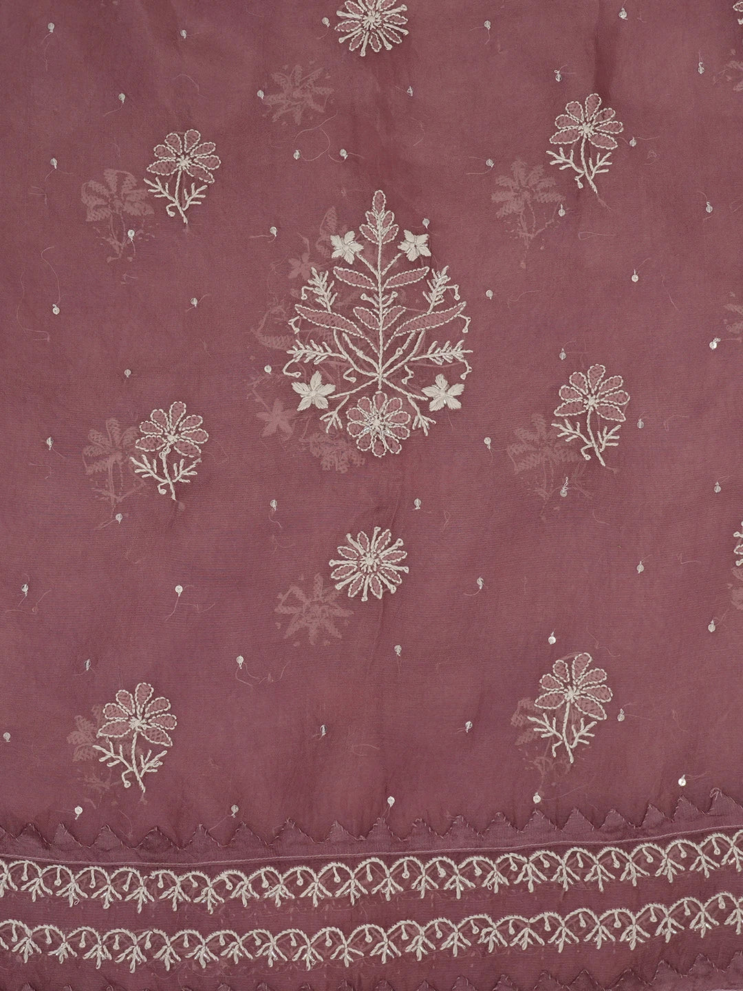 Ada Hand Embroidered Wine Organza Lucknowi Chikankari Unstitched Kurta Dupatta Set With Sequinned Work 01A659358