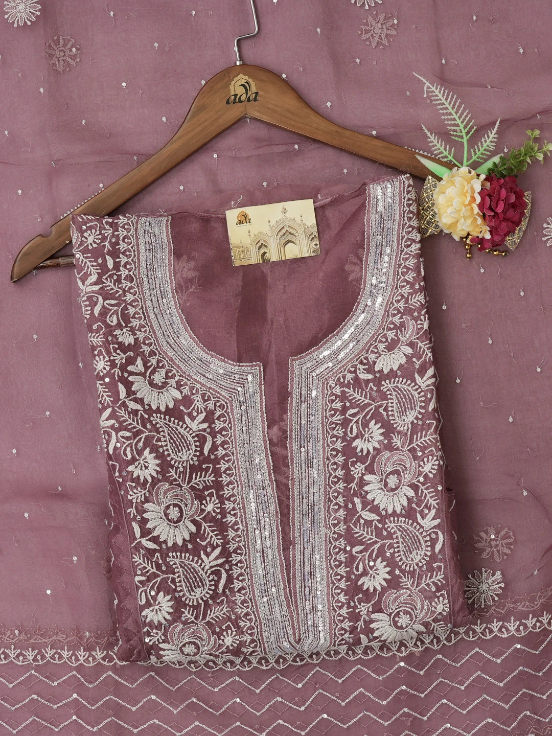 Ada Hand Embroidered Wine Organza Lucknowi Chikankari Unstitched Kurta Dupatta Set With Sequinned Work 01A659358