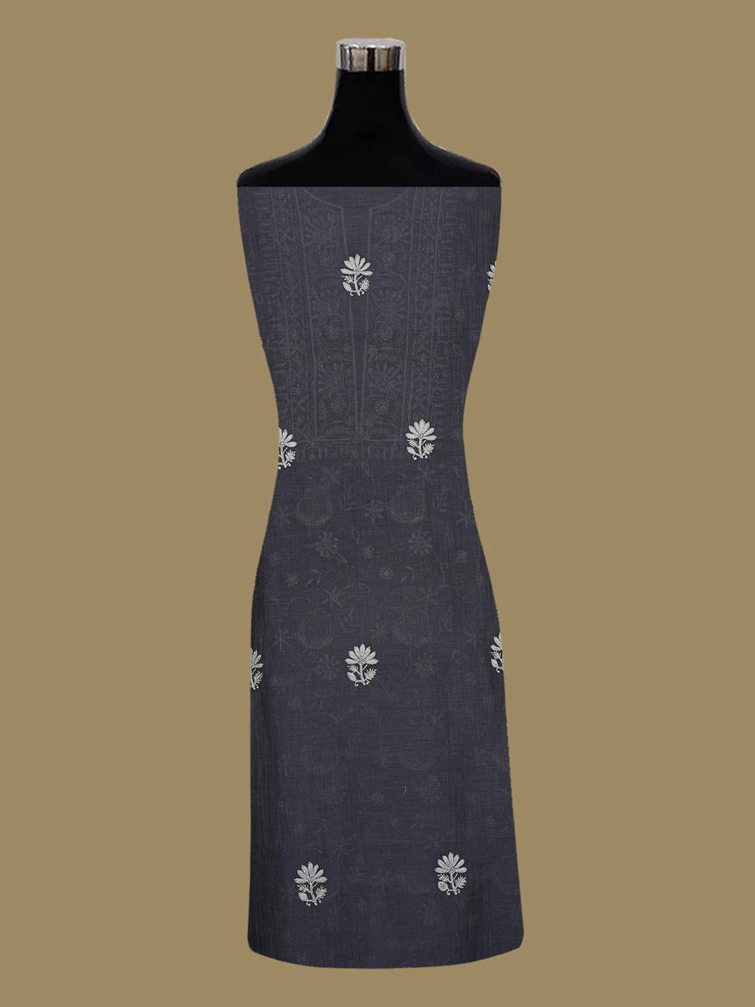Ada Hand Embroidered Charcoal Grey Chanderi Lucknowi Chikankari Unstitched Kurta Dupatta Set With Sequinned Work 01A542343