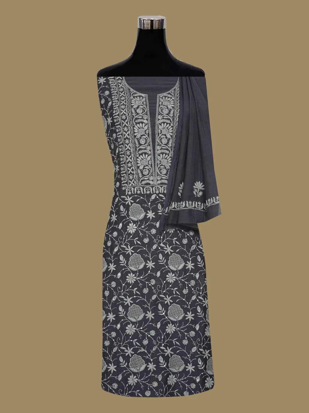 Ada Hand Embroidered Charcoal Grey Chanderi Lucknowi Chikankari Unstitched Kurta Dupatta Set With Sequinned Work 01A542343