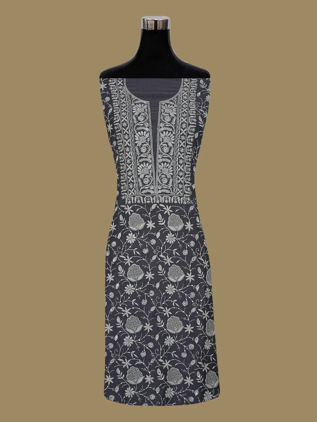 Ada Hand Embroidered Charcoal Grey Chanderi Lucknowi Chikankari Unstitched Kurta Dupatta Set With Sequinned Work 01A542343