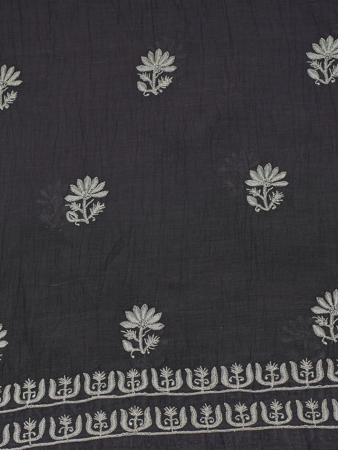 Ada Hand Embroidered Charcoal Grey Chanderi Lucknowi Chikankari Unstitched Kurta Dupatta Set With Sequinned Work 01A542343