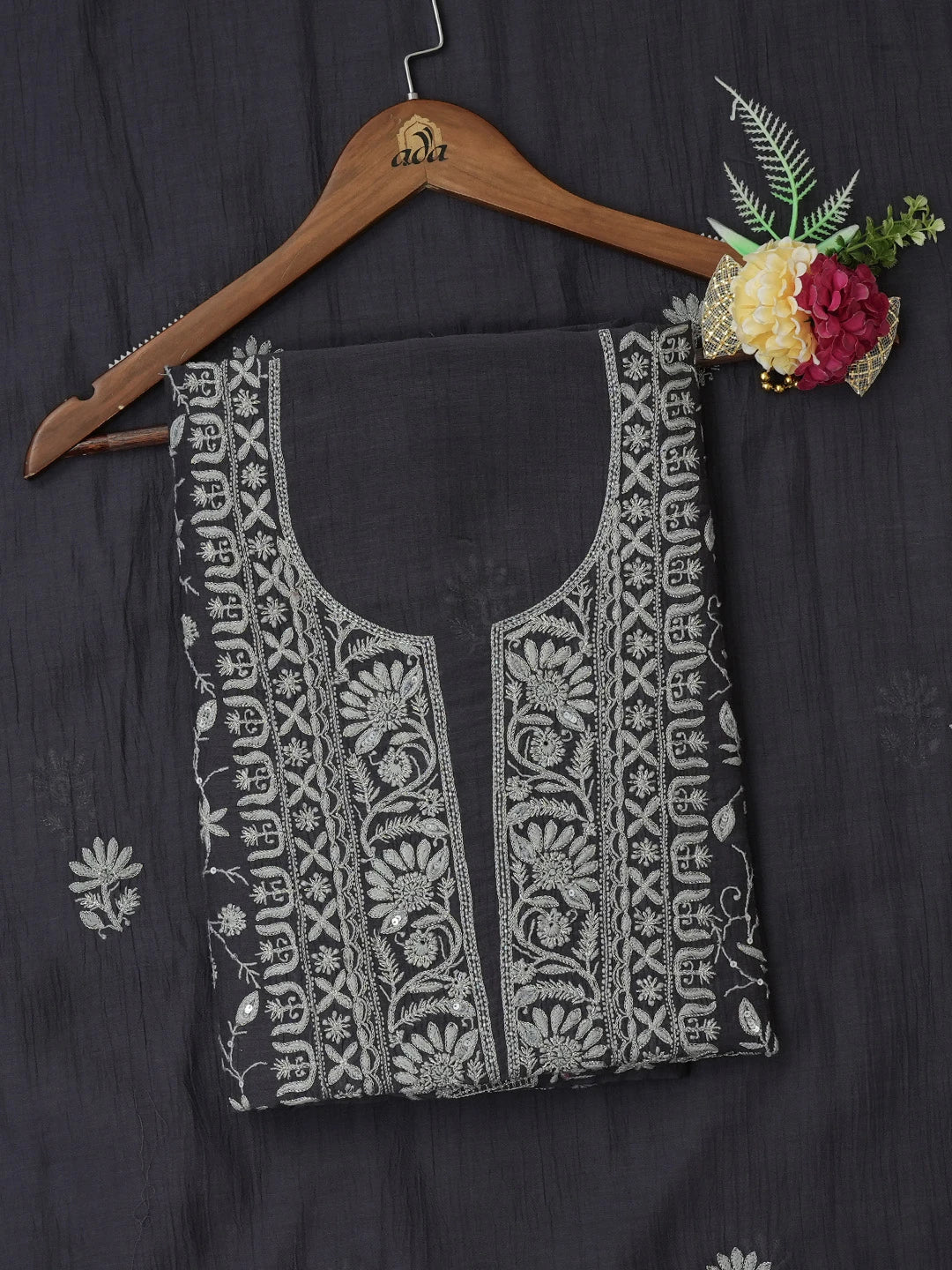 Ada Hand Embroidered Charcoal Grey Chanderi Lucknowi Chikankari Unstitched Kurta Dupatta Set With Sequinned Work 01A542343