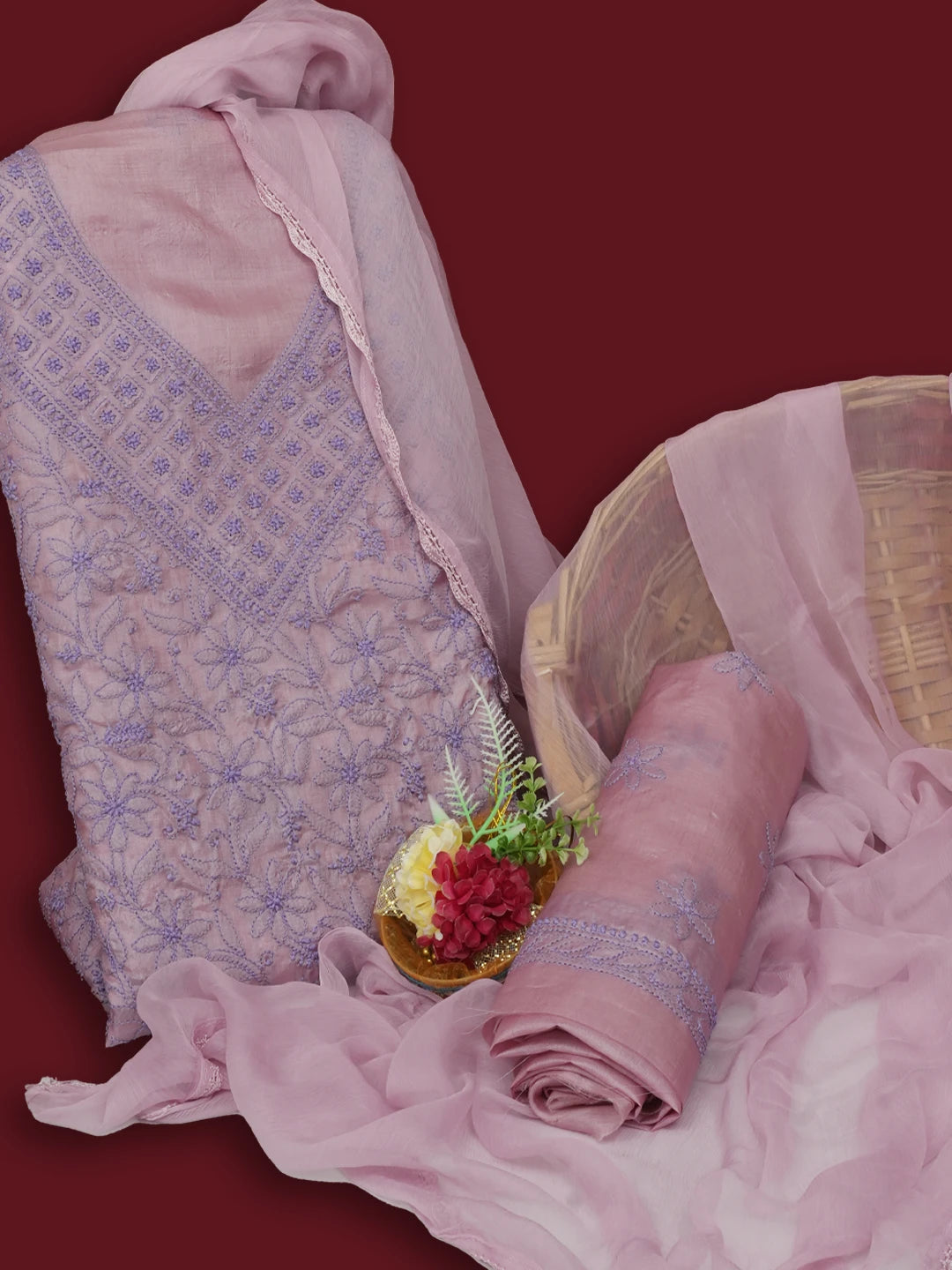 Ada Hand Embroidered Lavender Silk Lucknowi Chikankari Unstitched Suit Piece 01A669293