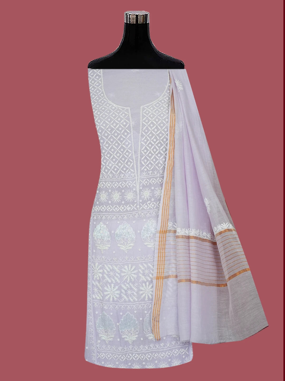 Ada Hand Embroidered Light Mauve Chanderi Lucknowi Chikankari Semi-stitched Anarkali Kurta Dupatta Set With Pearl Work 01A648352