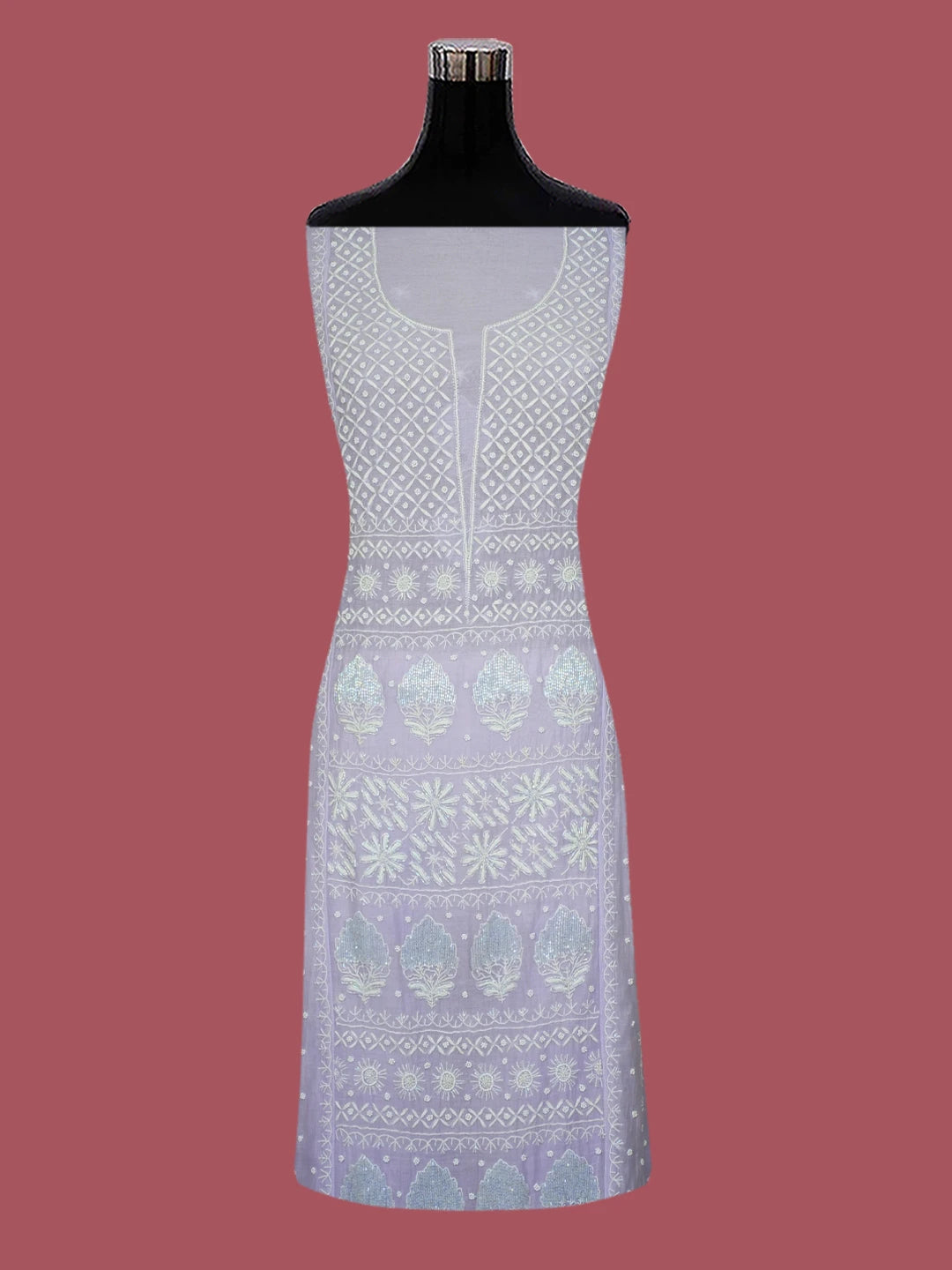 Ada Hand Embroidered Light Mauve Chanderi Lucknowi Chikankari Semi-stitched Anarkali Kurta Dupatta Set With Pearl Work 01A648352