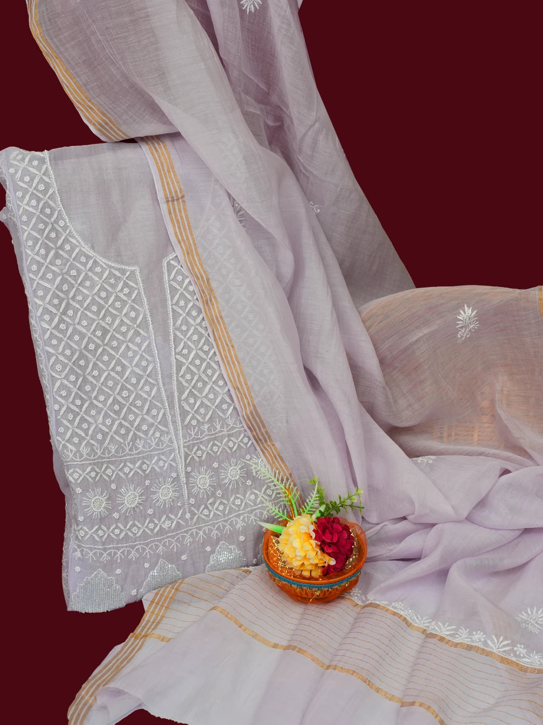 Ada Hand Embroidered Light Mauve Chanderi Lucknowi Chikankari Semi-stitched Anarkali Kurta Dupatta Set With Pearl Work 01A648352