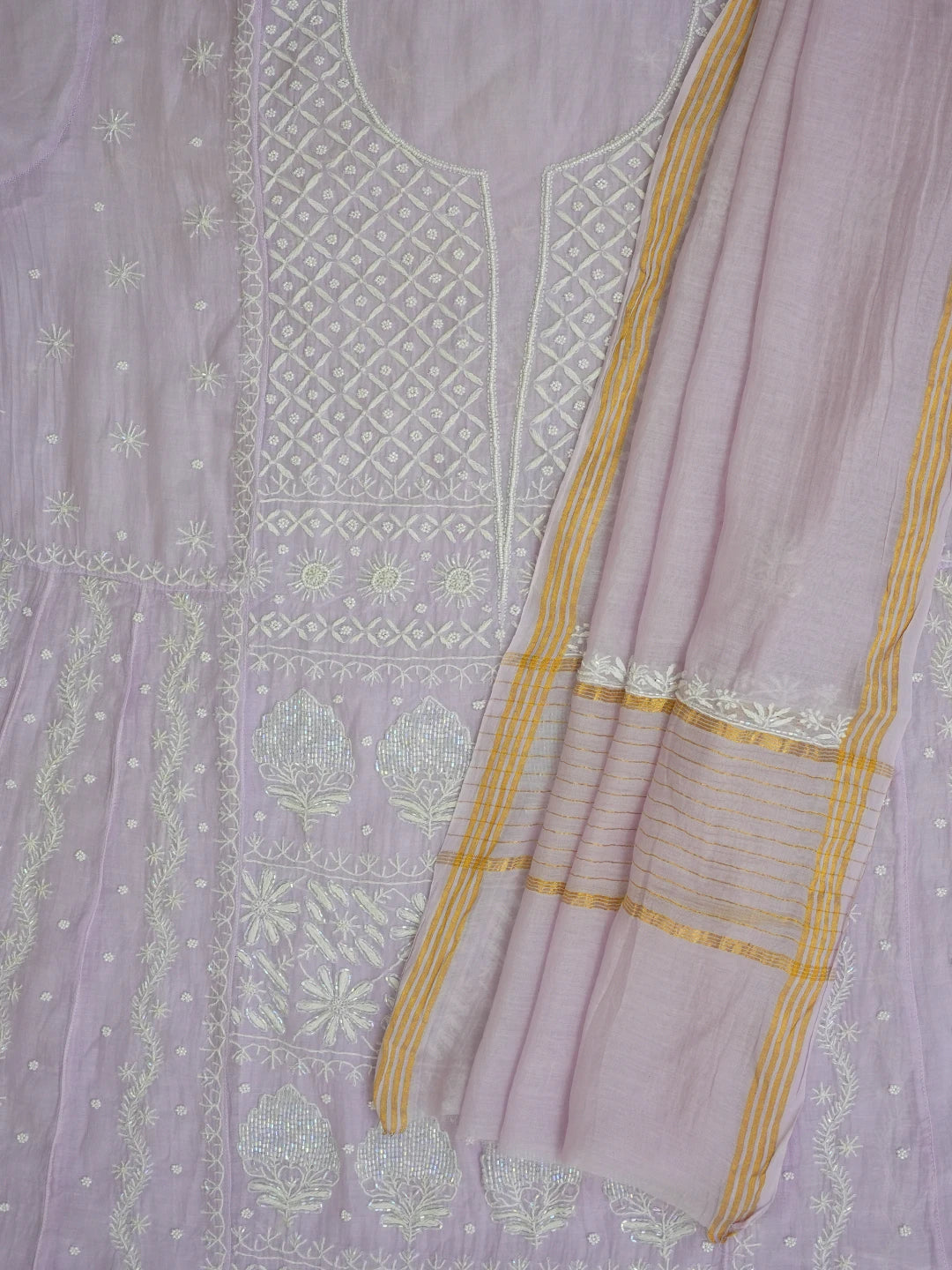 Ada Hand Embroidered Light Mauve Chanderi Lucknowi Chikankari Semi-stitched Anarkali Kurta Dupatta Set With Pearl Work 01A648352