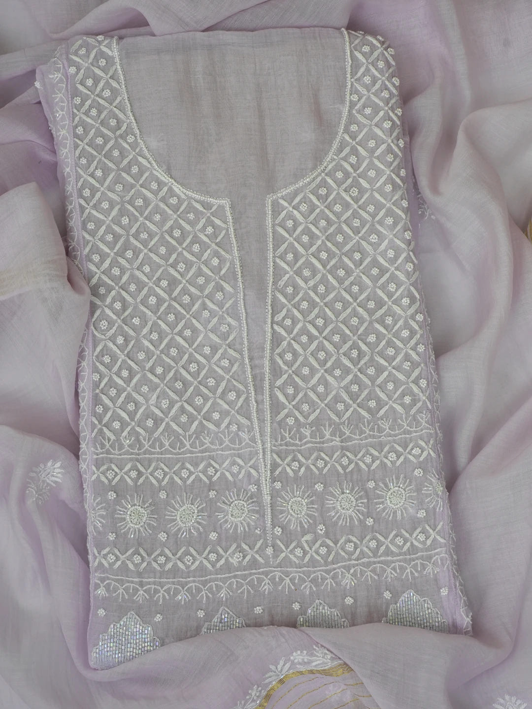 Ada Hand Embroidered Light Mauve Chanderi Lucknowi Chikankari Semi-stitched Anarkali Kurta Dupatta Set With Pearl Work 01A648352