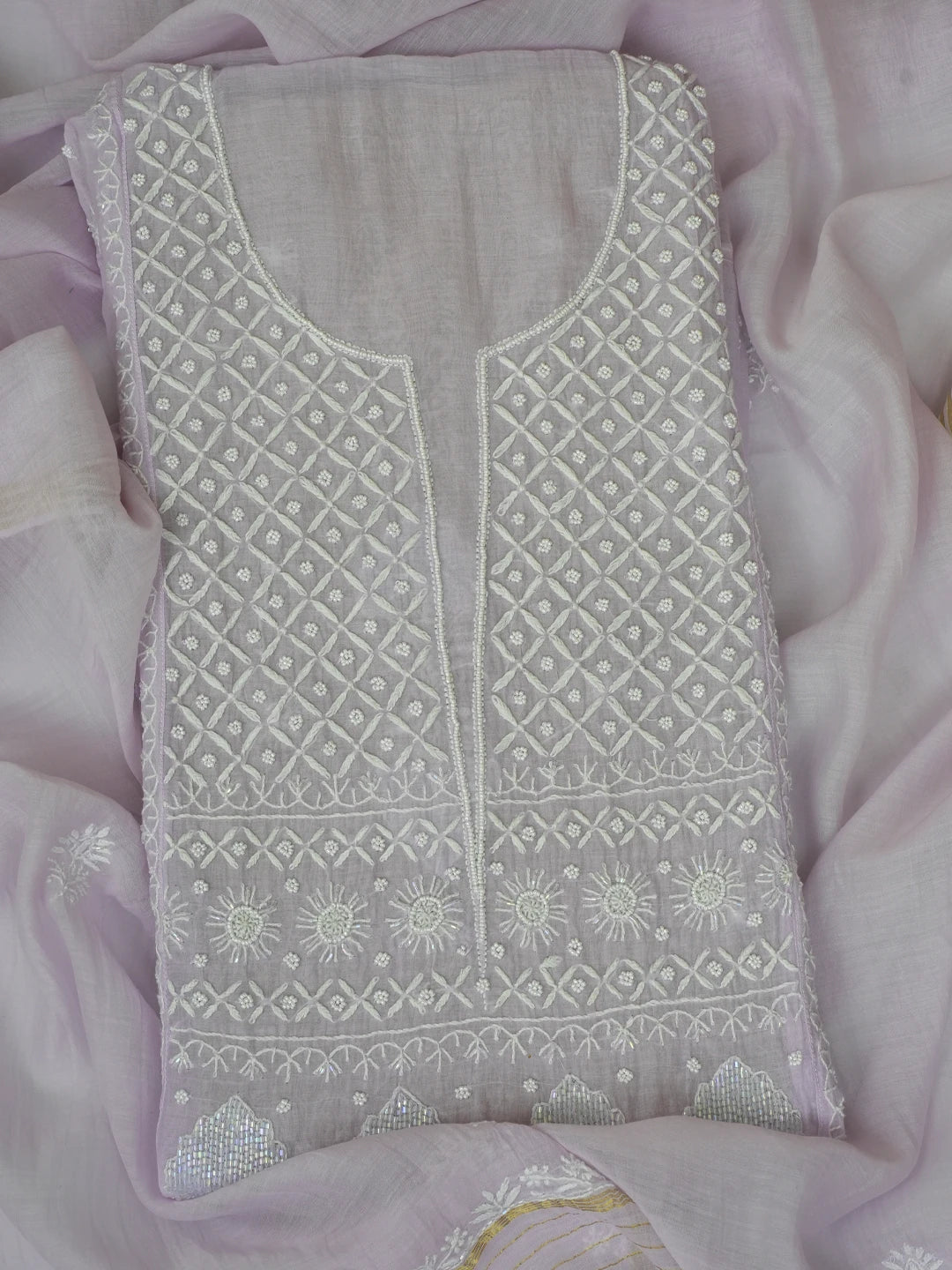 Ada Hand Embroidered Light Mauve Chanderi Lucknowi Chikankari Semi-stitched Anarkali Kurta Dupatta Set With Pearl Work 01A648352