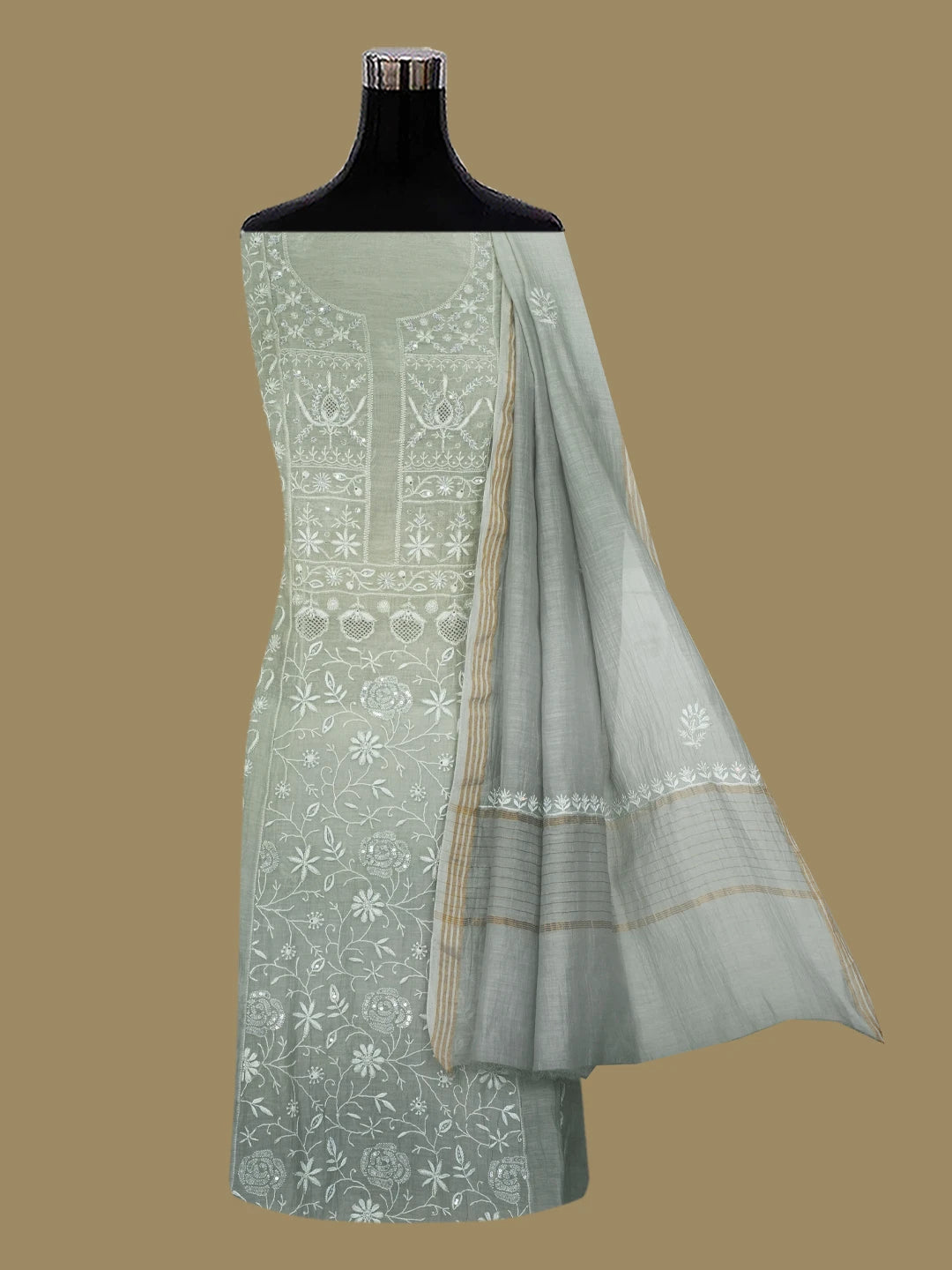 Ada Hand Embroidered Ombre shade Of Grey Chanderi Lucknowi Chikankari Semi-stitched Anarkali Kurta Dupatta Set With Zari Work 01A563336