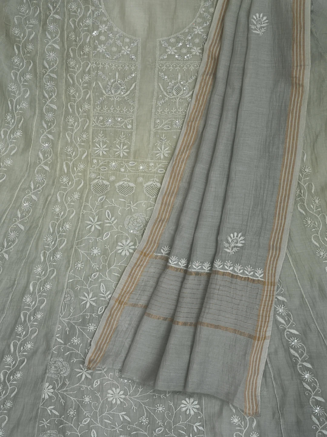 Ada Hand Embroidered Ombre shade Of Grey Chanderi Lucknowi Chikankari Semi-stitched Anarkali Kurta Dupatta Set With Zari Work 01A563336