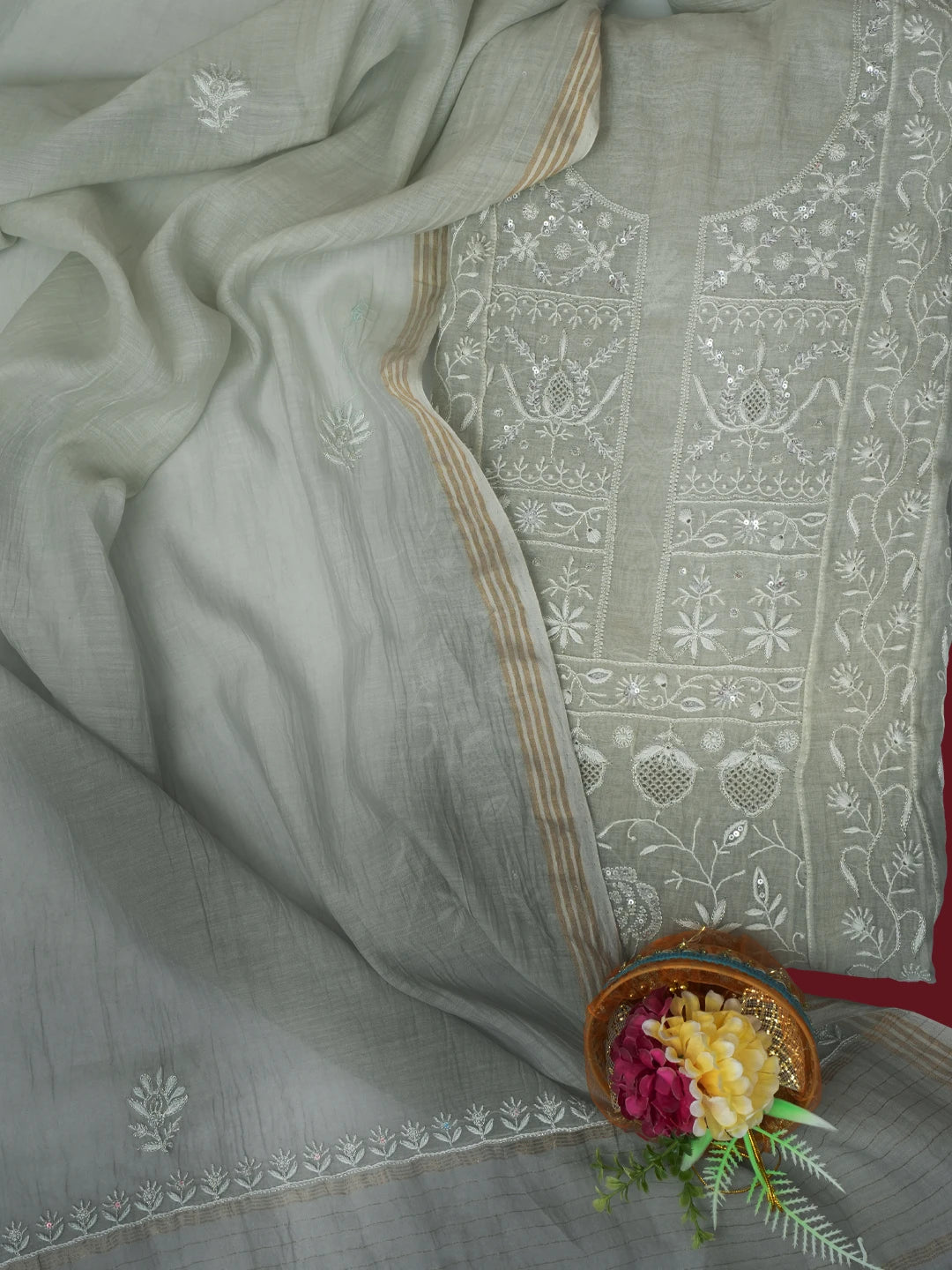 Ada Hand Embroidered Ombre shade Of Grey Chanderi Lucknowi Chikankari Semi-stitched Anarkali Kurta Dupatta Set With Zari Work 01A563336